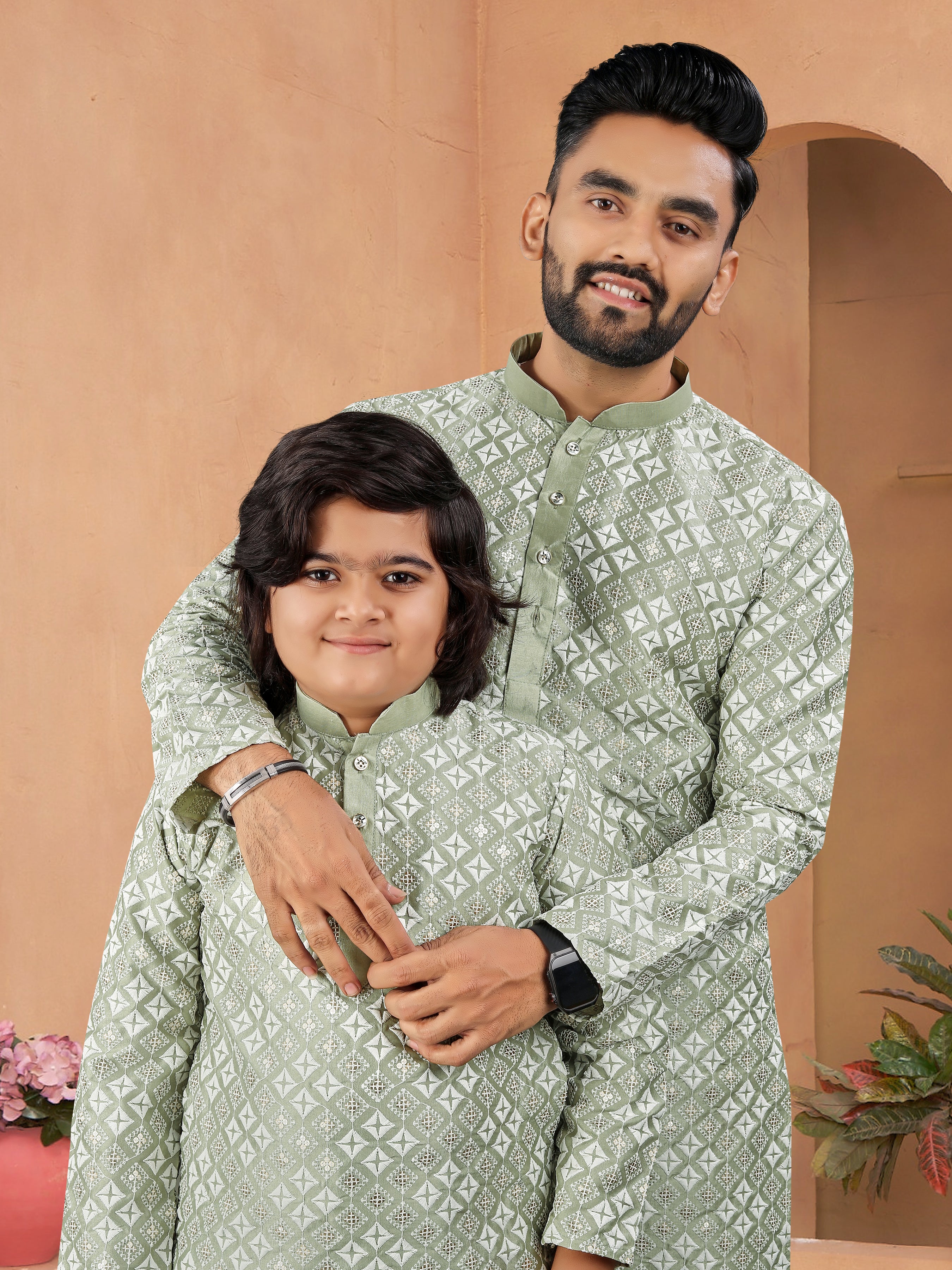 Father-Son Silk Kurta Set with Embroidery Pista