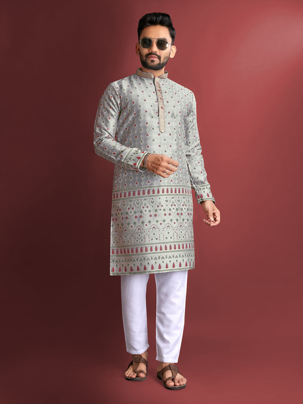 Men’s Silk Kurta with Amboj Work & Daman Border Grey