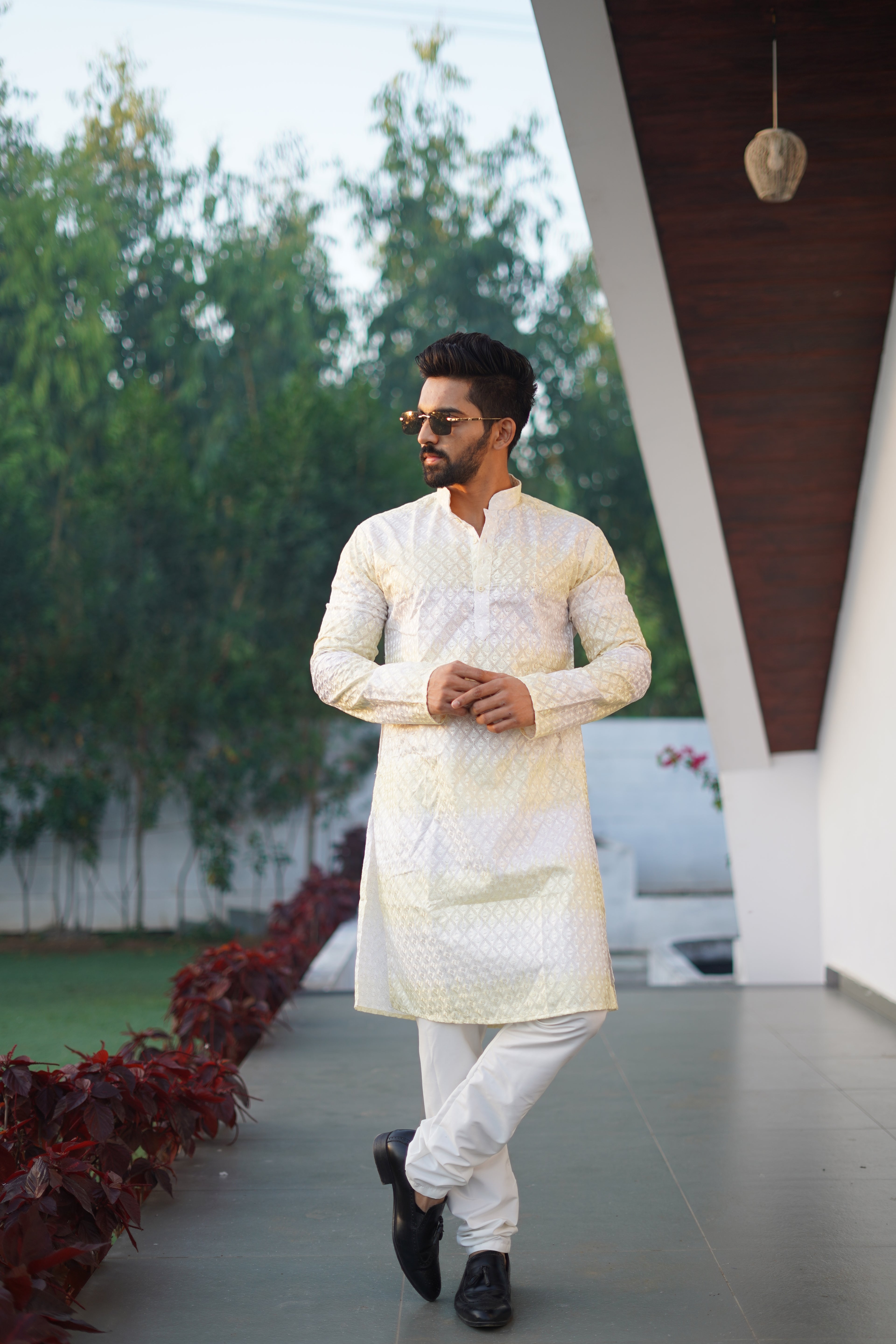 Men's Rainbow Print Cotton Kurta Off White