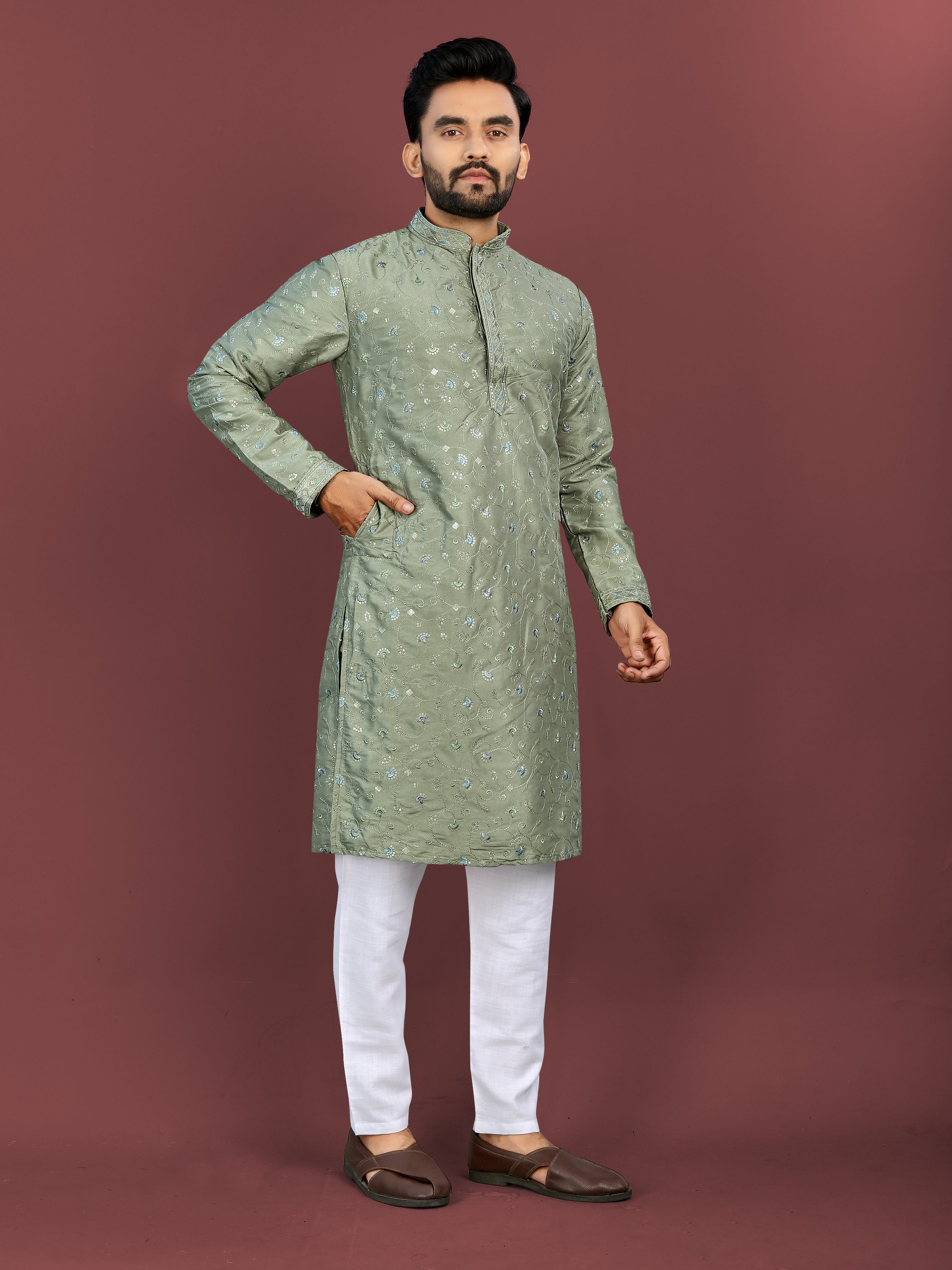 Men’s Multi-Colour Embroidery Kurta Mehandi