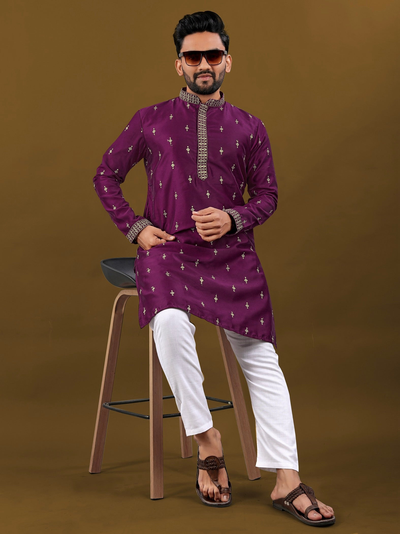 Men's Matka Silk Kurta Silver Jari Work Wine