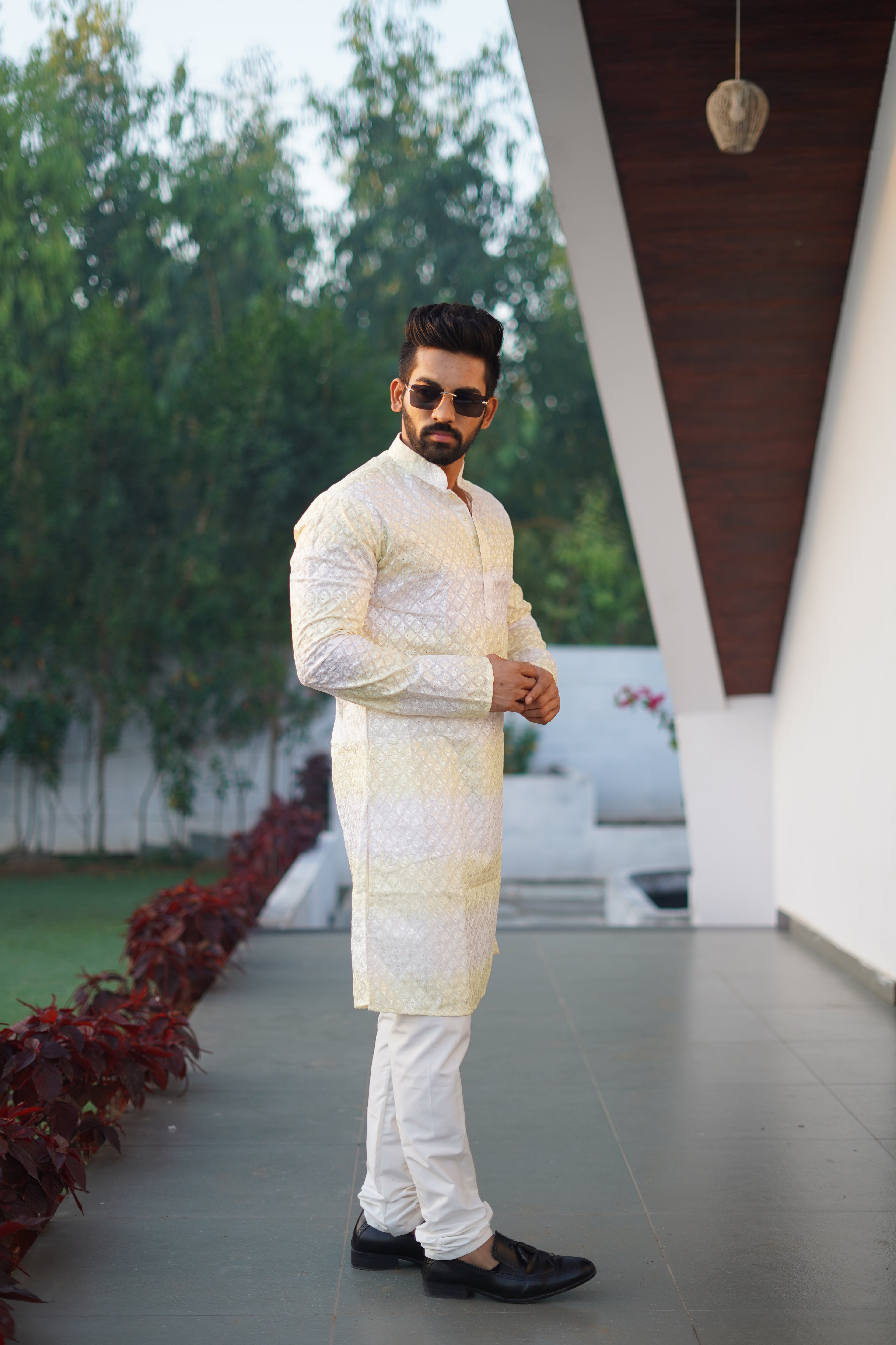 Men's Rainbow Print Cotton Kurta Off White