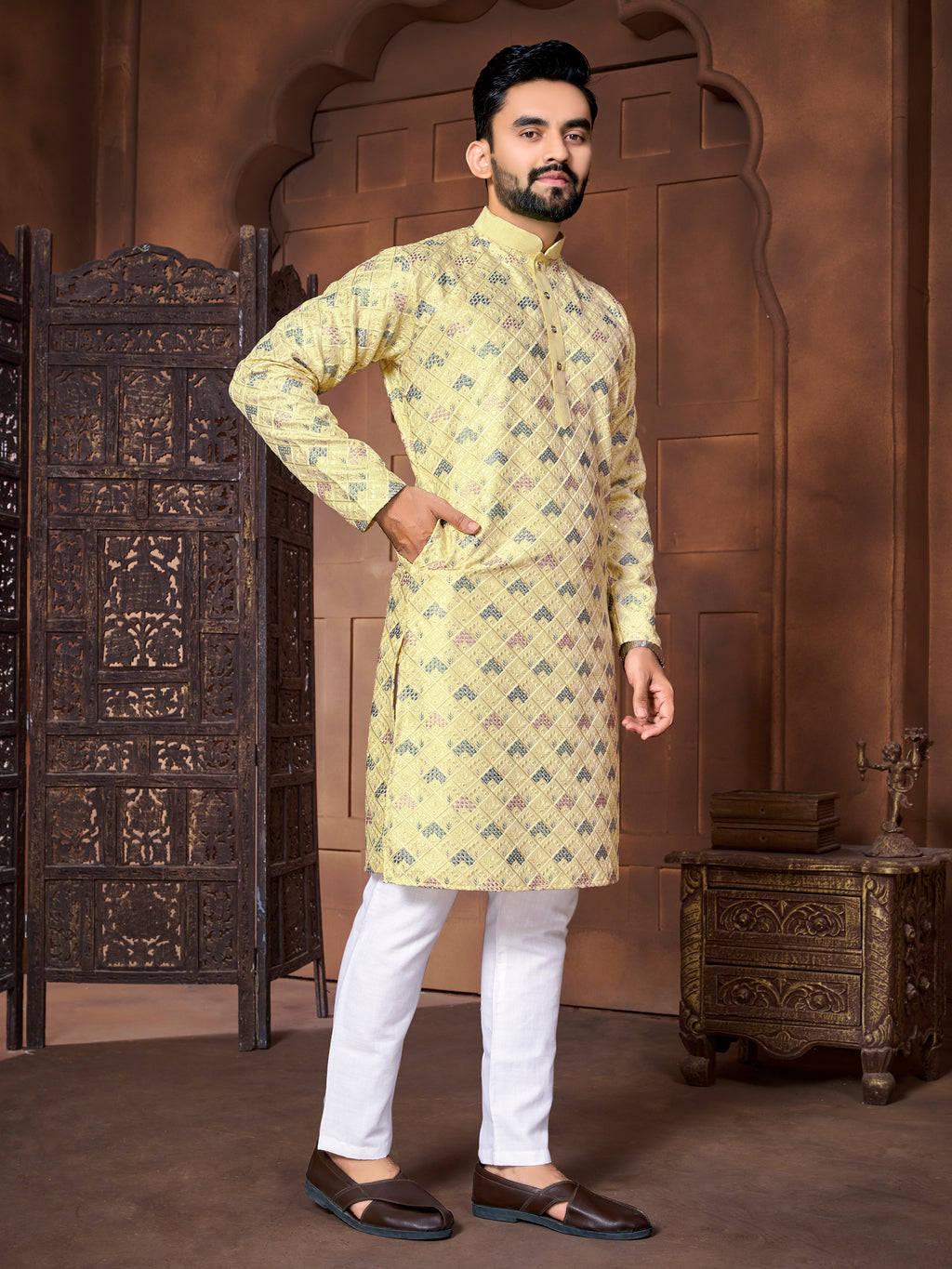 Men's Italian Silk  embroidered Kurta Golden
