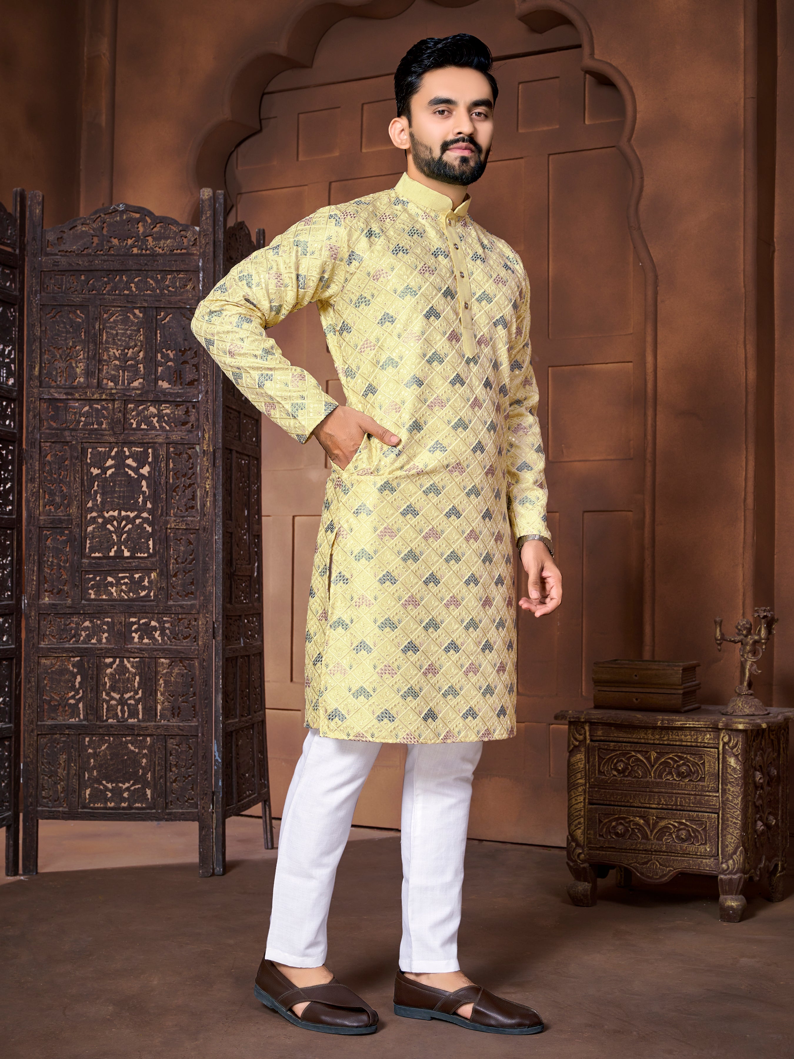 Men's Italian Silk  embroidered Kurta Golden