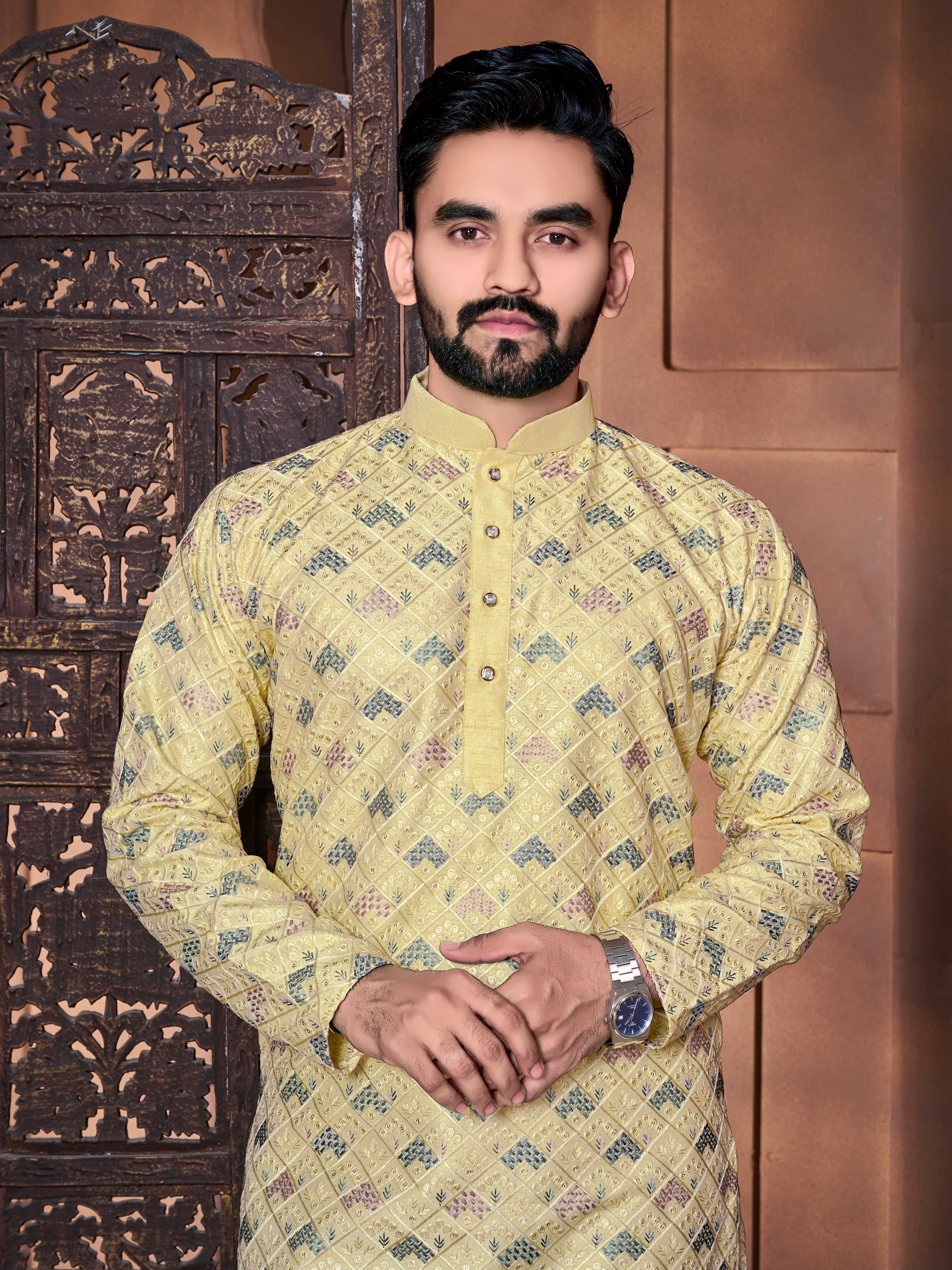 Men's Italian Silk  embroidered Kurta Golden