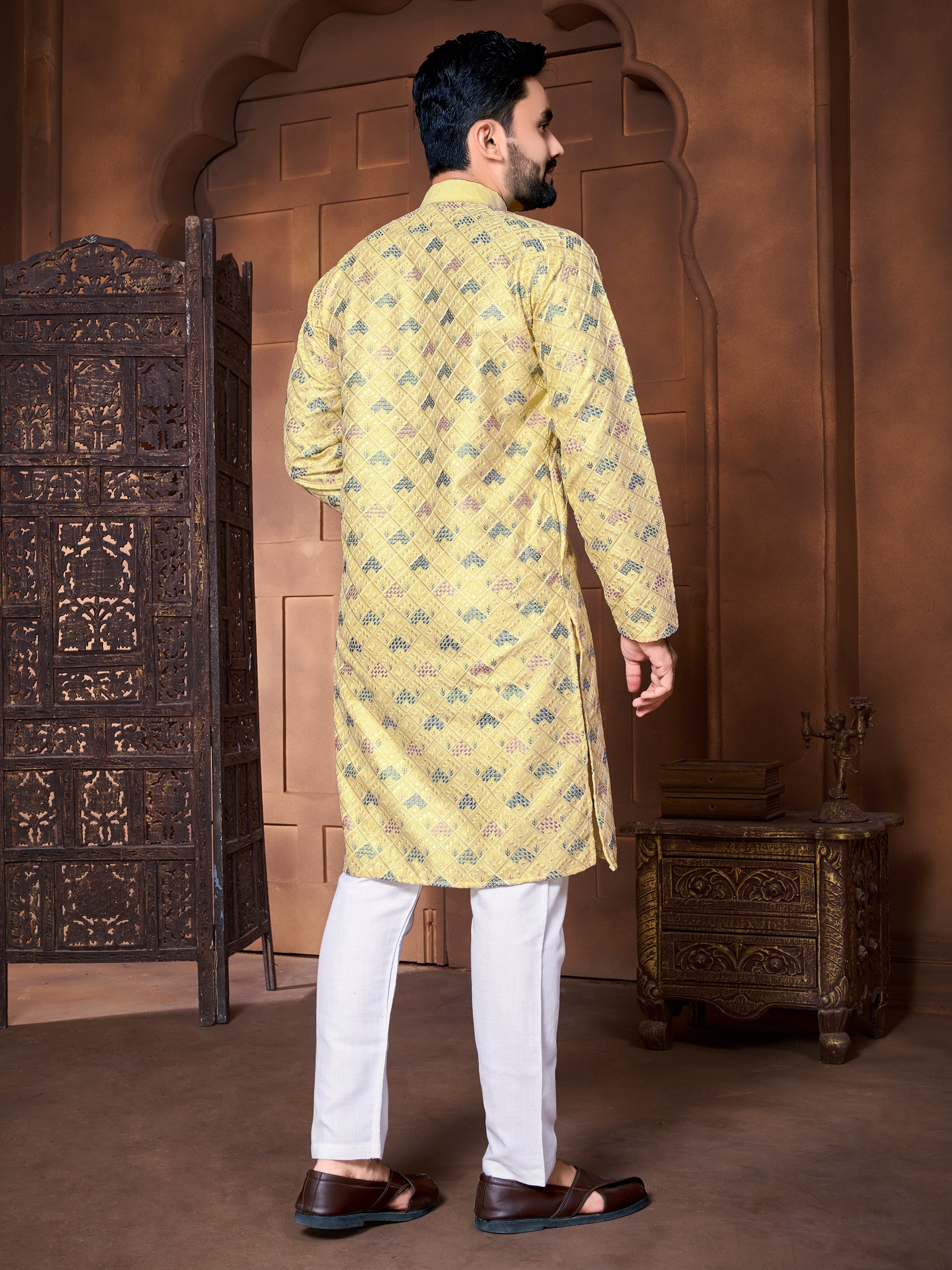Men's Italian Silk  embroidered Kurta Golden