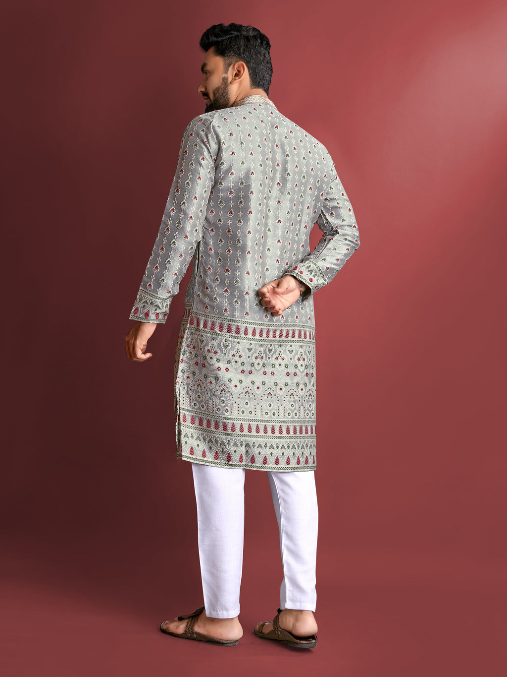 Men’s Silk Kurta with Amboj Work & Daman Border Grey