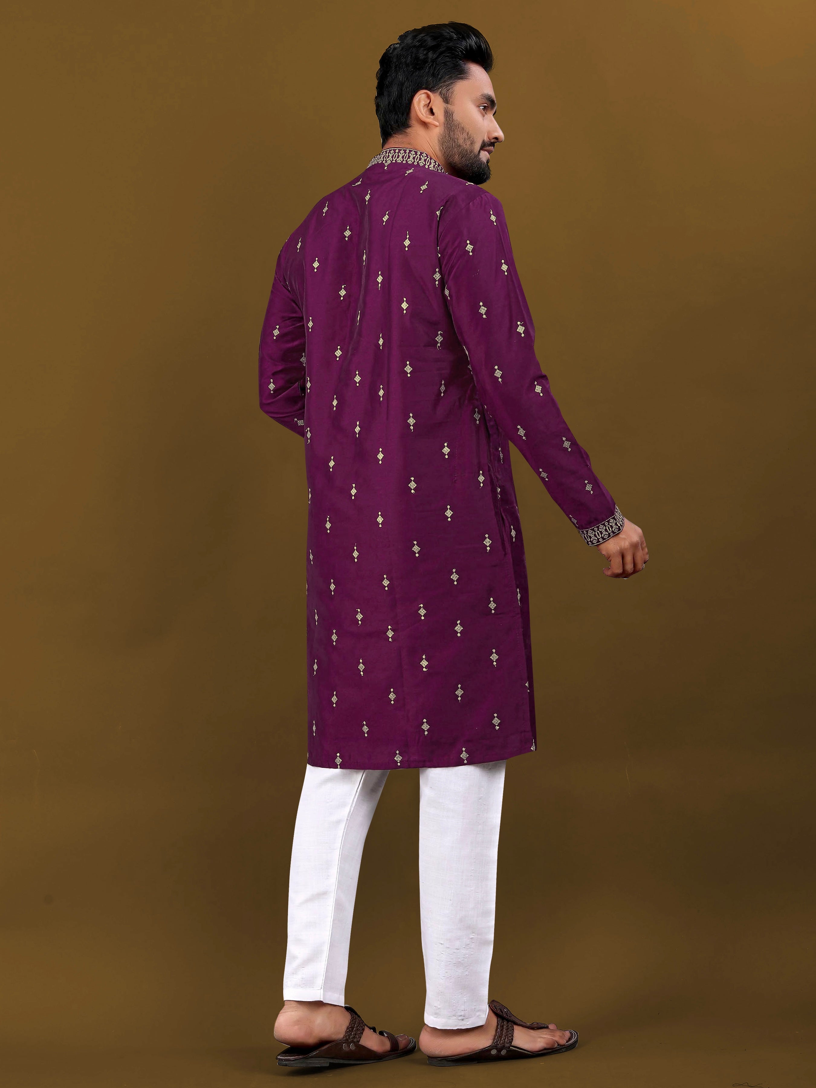 Men's Matka Silk Kurta Silver Jari Work Wine