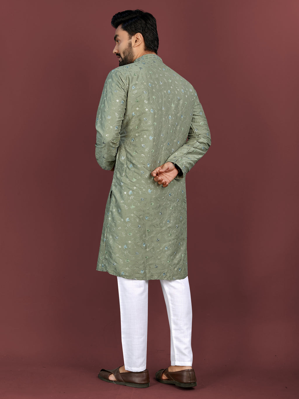 Men’s Multi-Colour Embroidery Kurta Mehandi