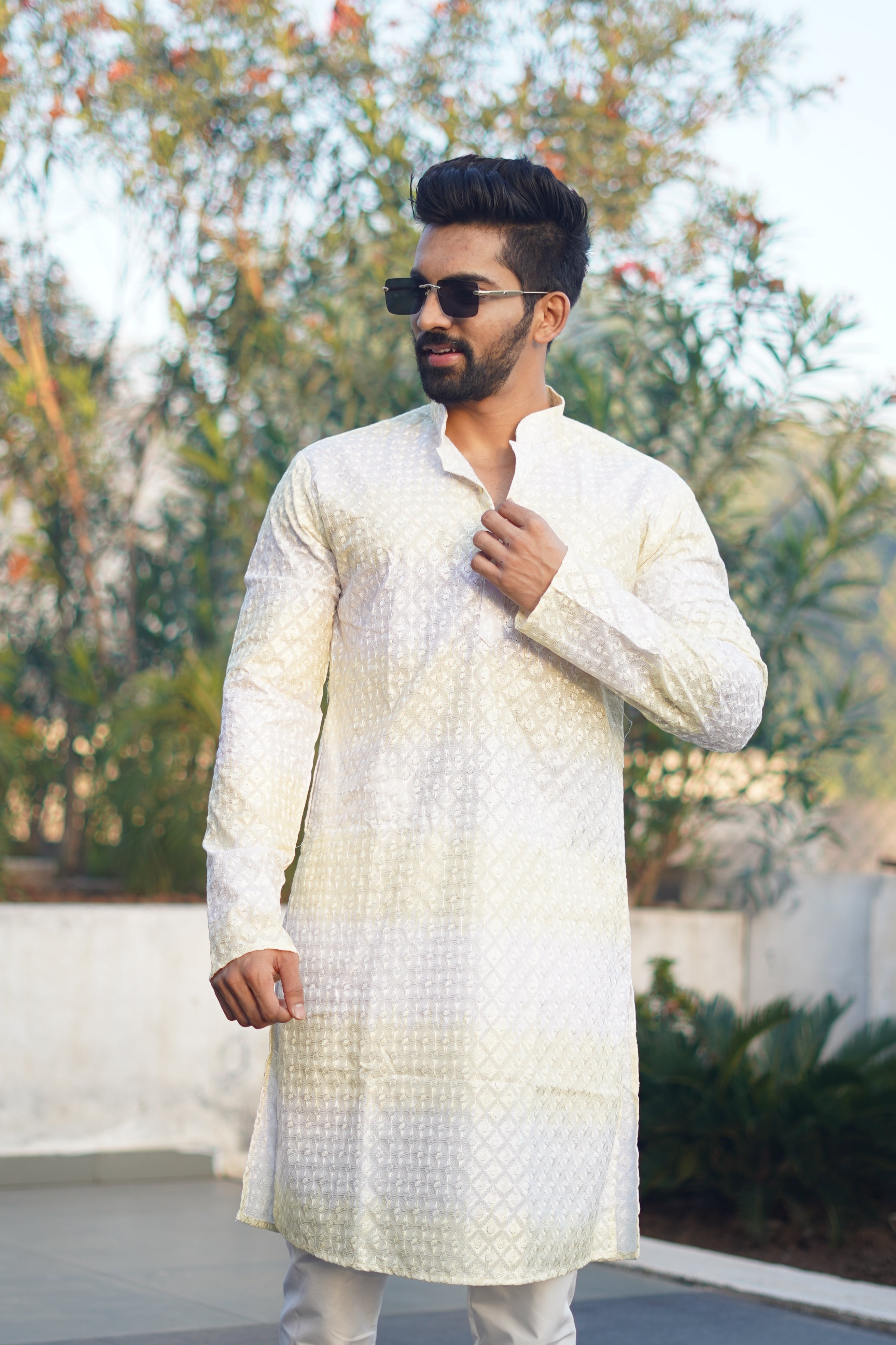 Men's Rainbow Print Cotton Kurta Off White