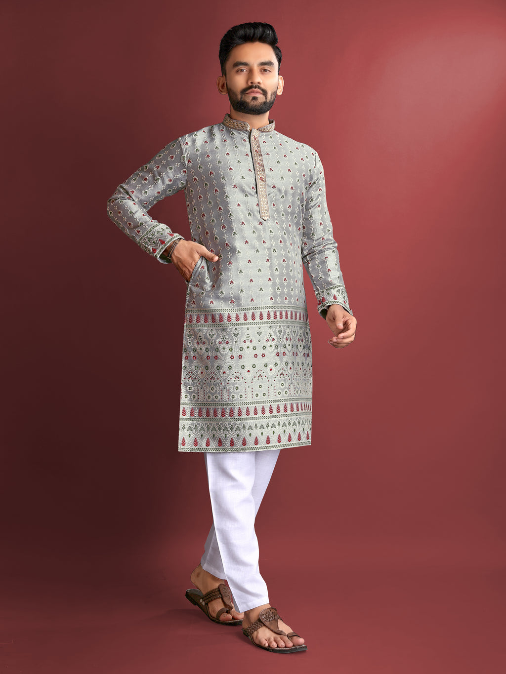 Men’s Silk Kurta with Amboj Work & Daman Border Grey