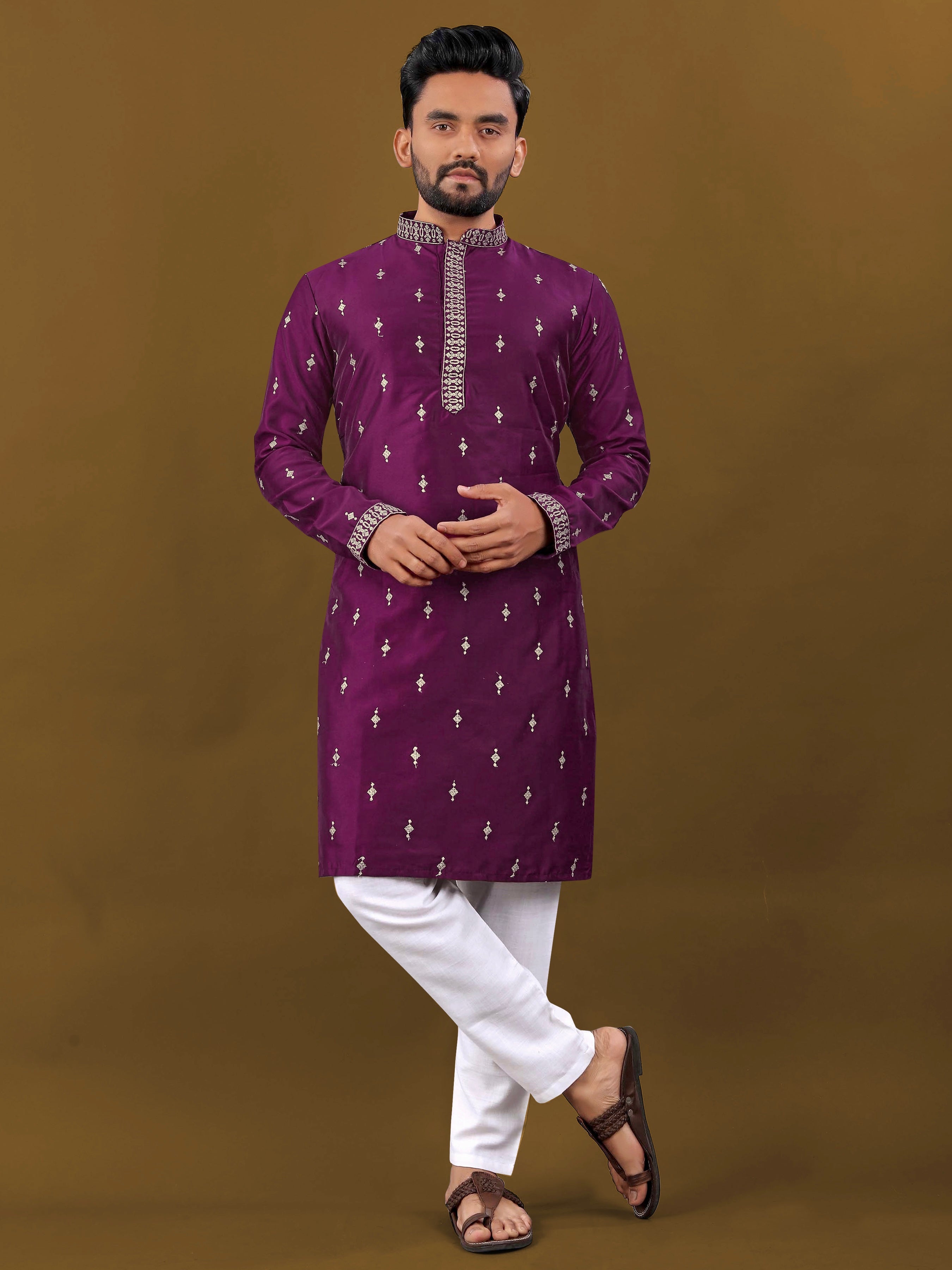 Men's Matka Silk Kurta Silver Jari Work Wine