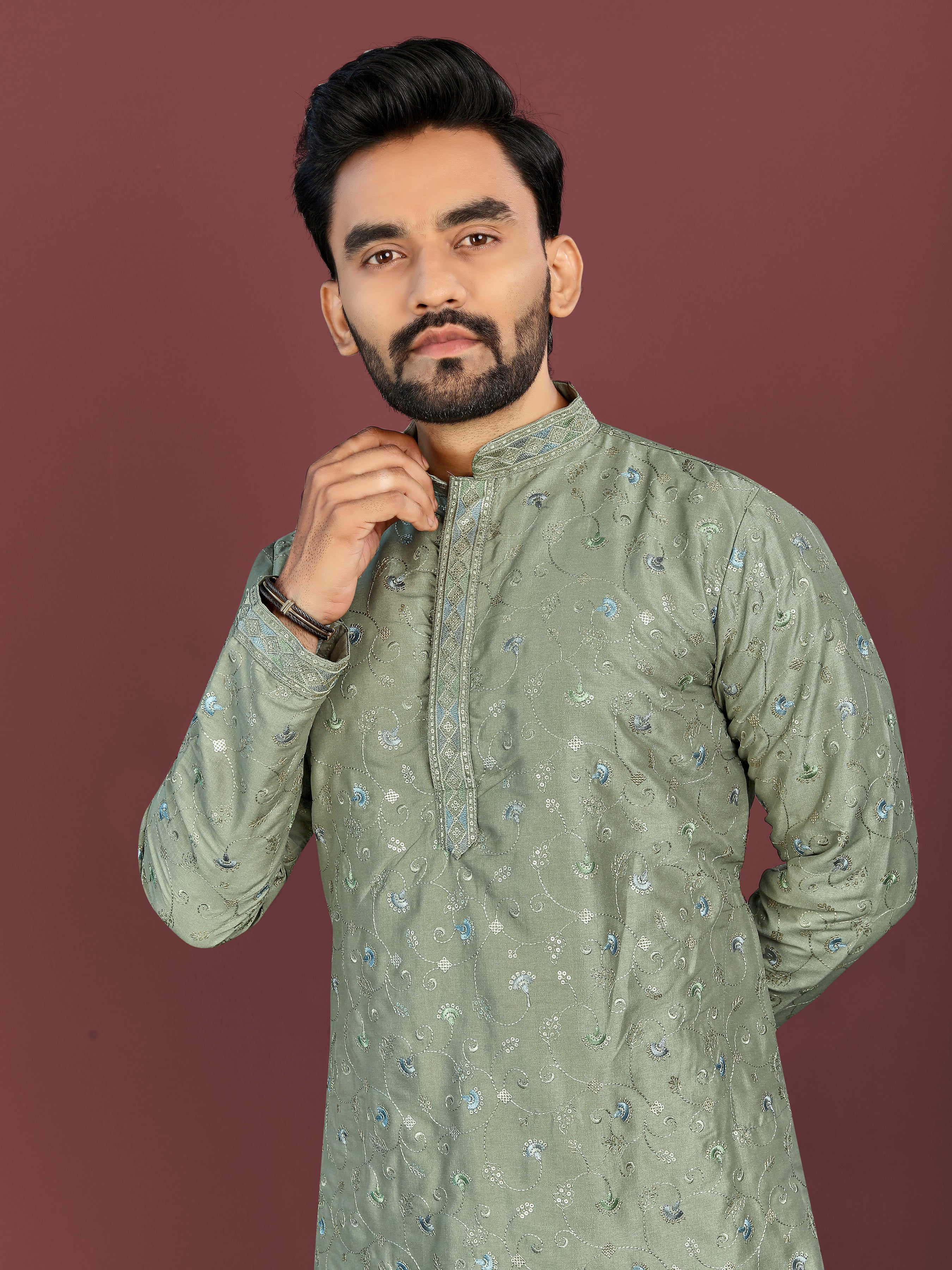 Men’s Multi-Colour Embroidery Kurta Mehandi