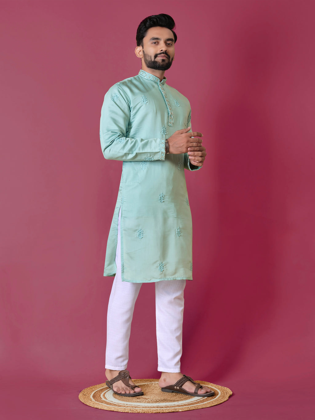 Men's Roman Silk Kurta With Hand Work Sky