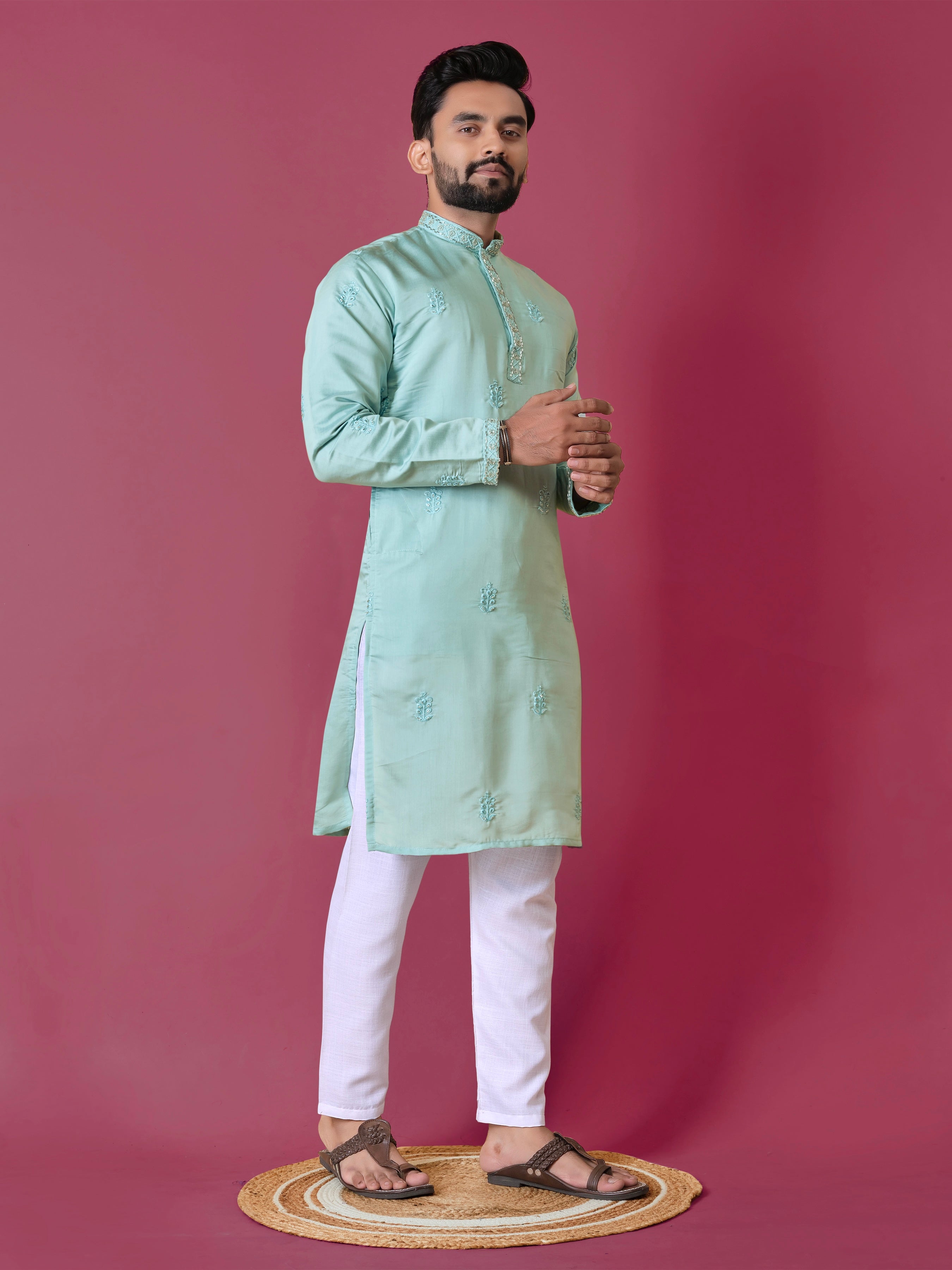 Men's Roman Silk Kurta With Hand Work Sky