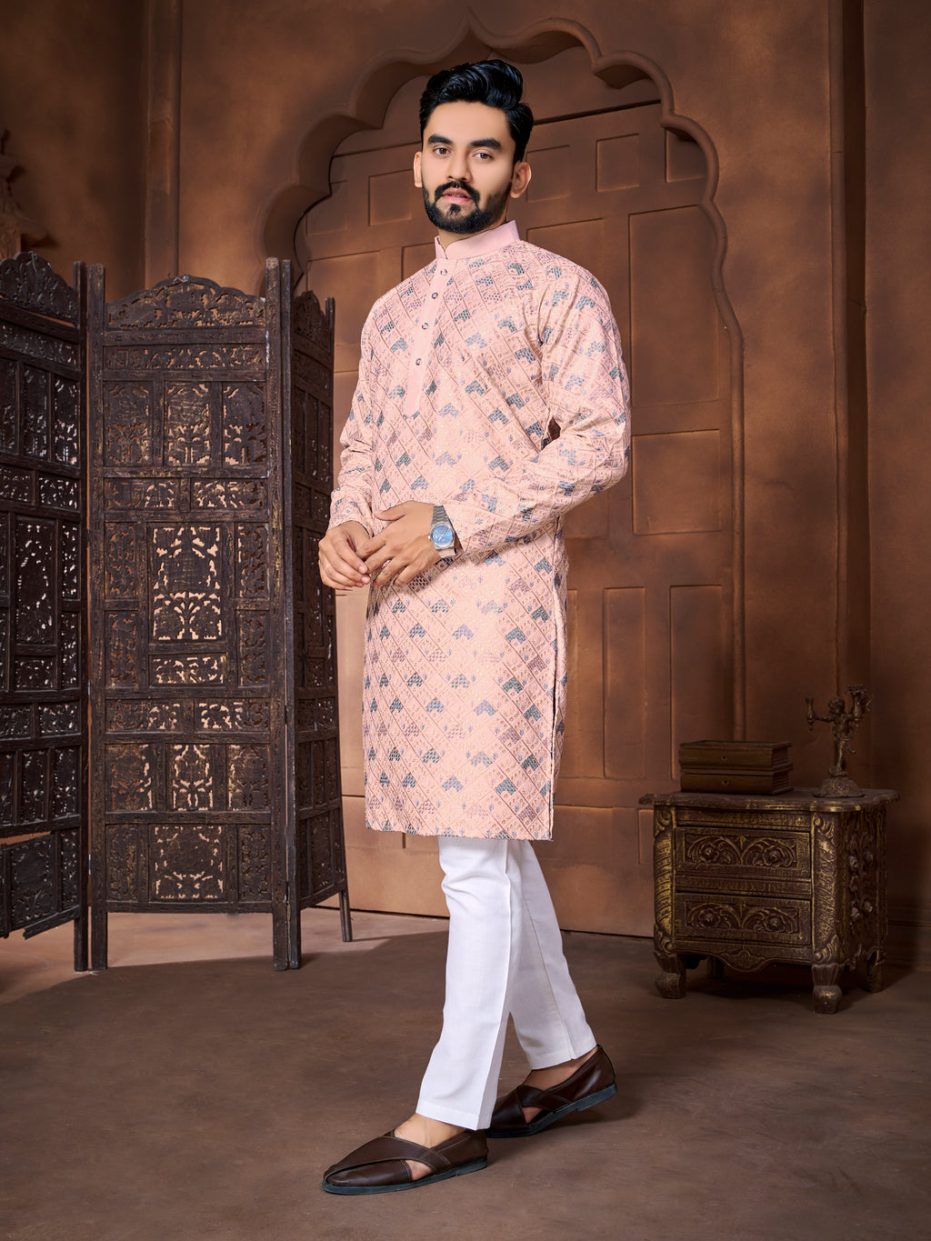 Men's Italian Silk  embroidered Kurta Peach