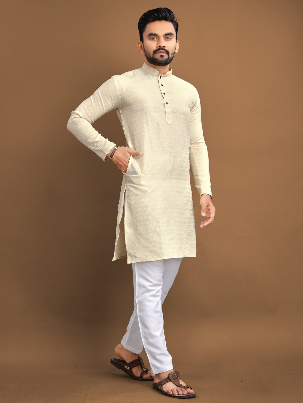 Men’s Jacquard Kurta with Self-Buti Cream