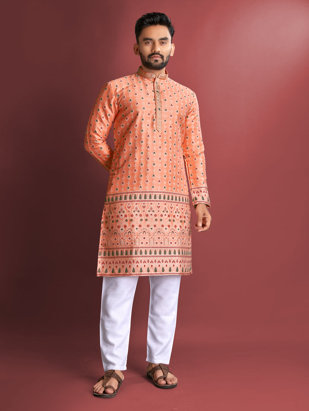 Men’s Silk Kurta with Amboj Work & Daman Border Gajri