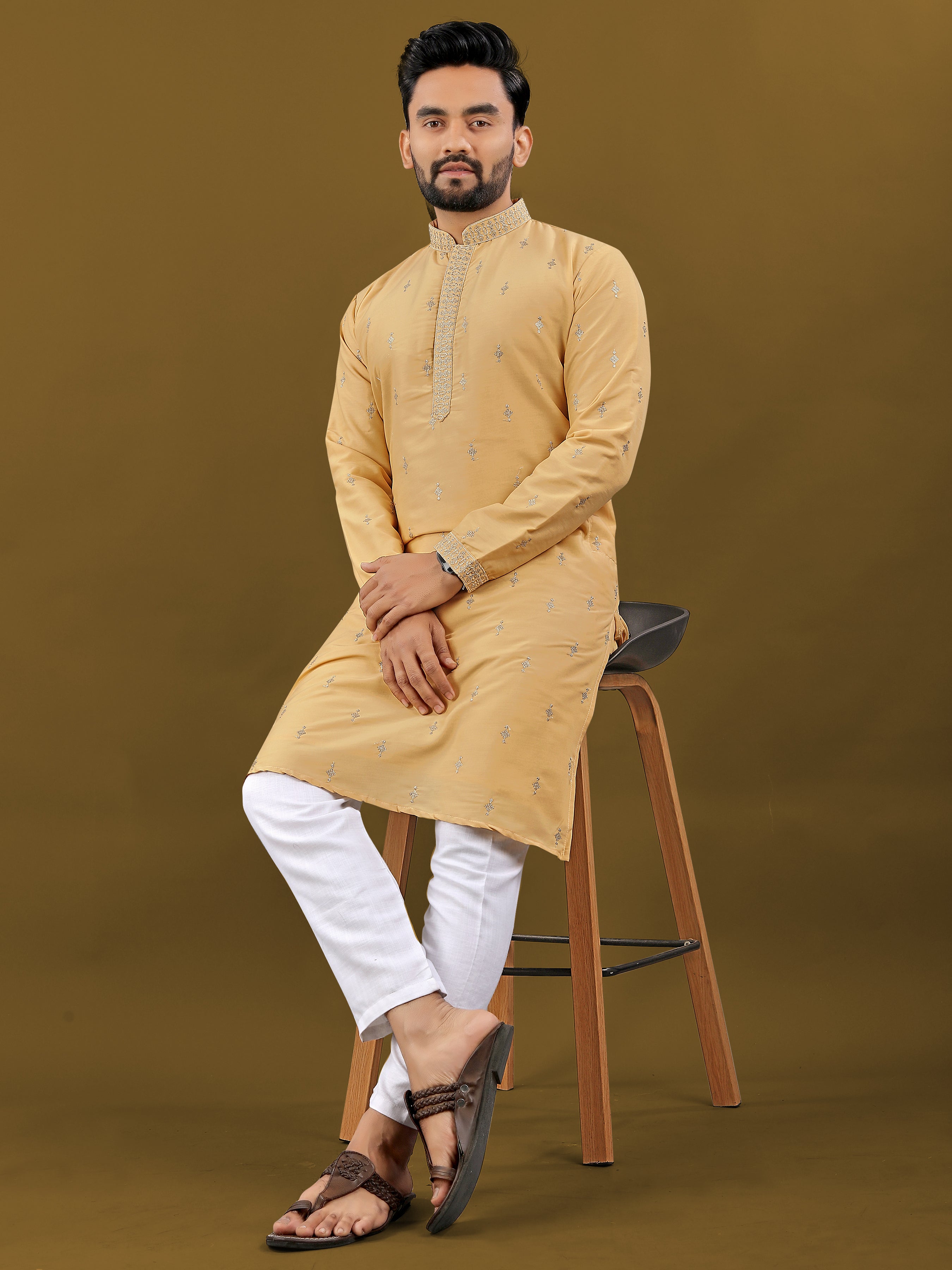 Men's Matka Silk Kurta Silver Jari Work Yellow