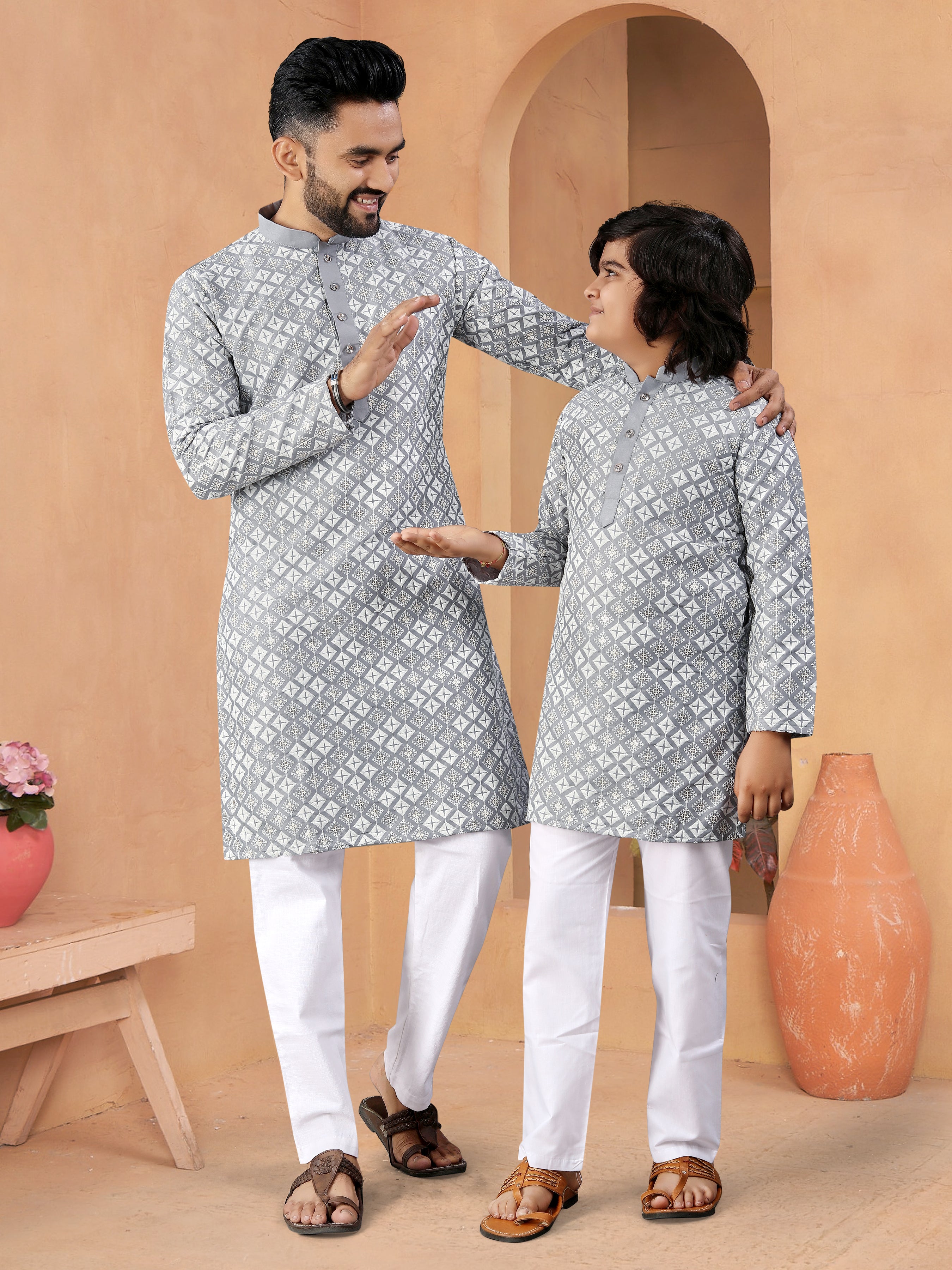 Father-Son Silk Kurta Set with Embroidery Grey