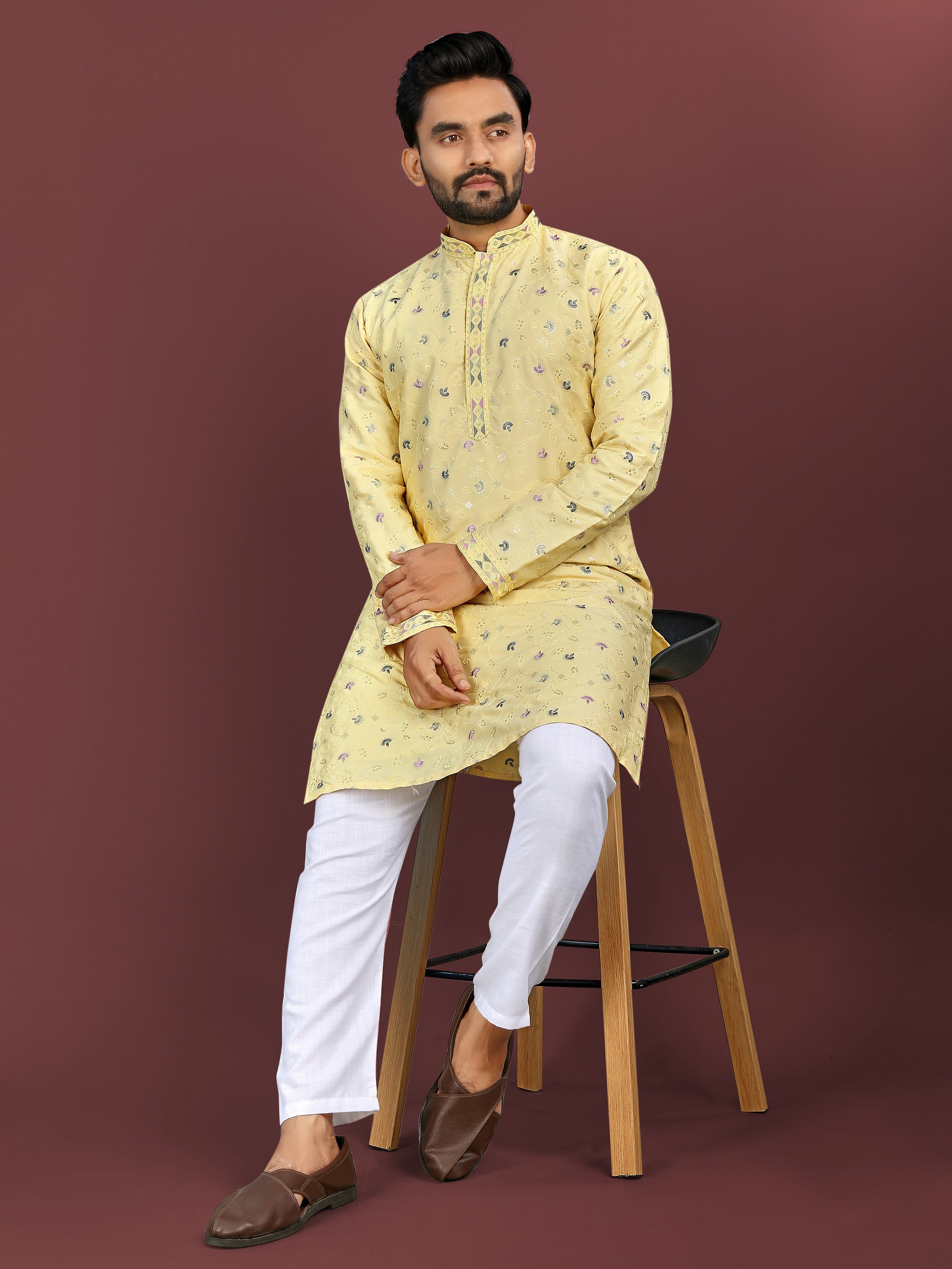 Men’s Multi-Colour Embroidery Kurta yellow