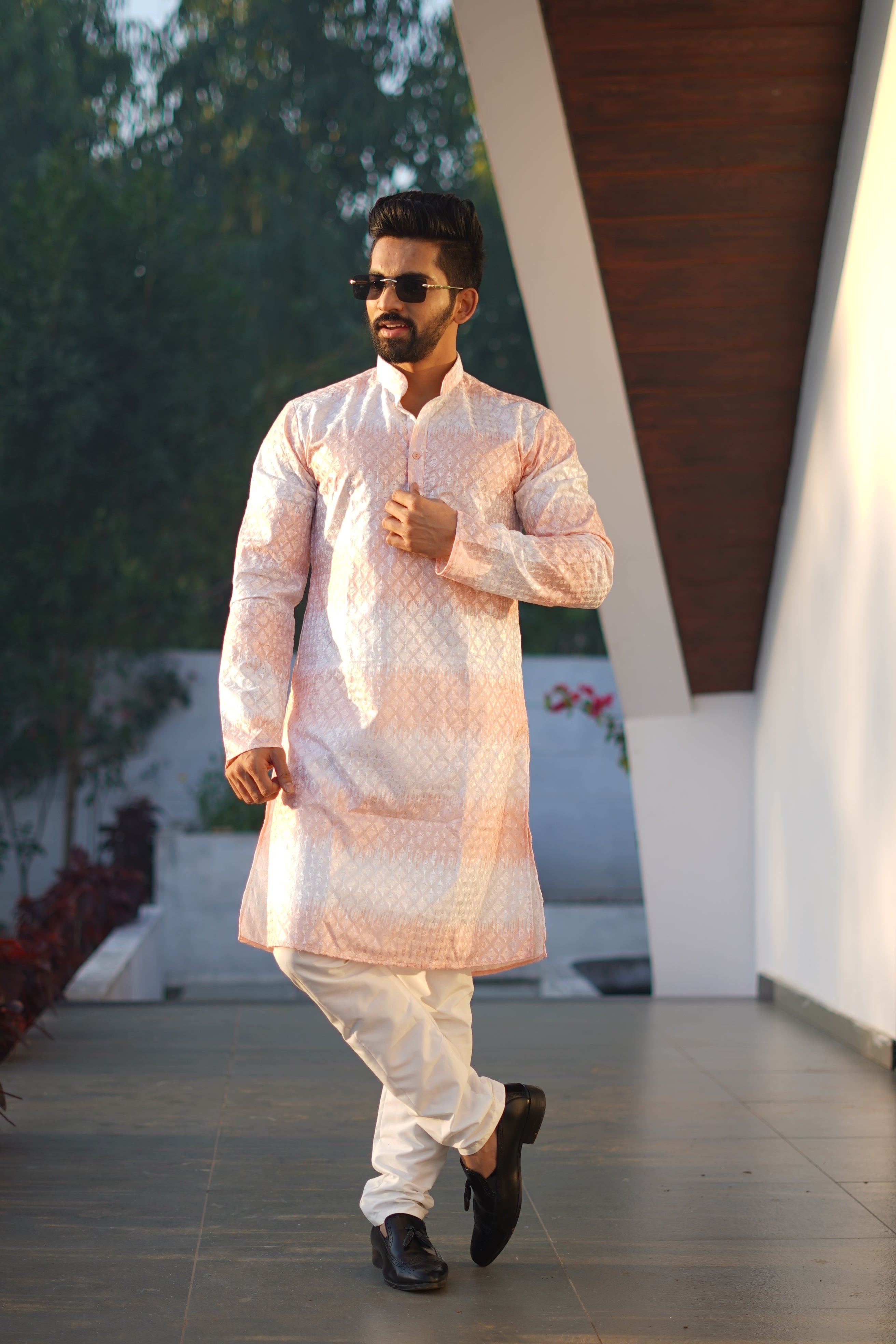 Men's Rainbow Print Cotton Kurta Orange