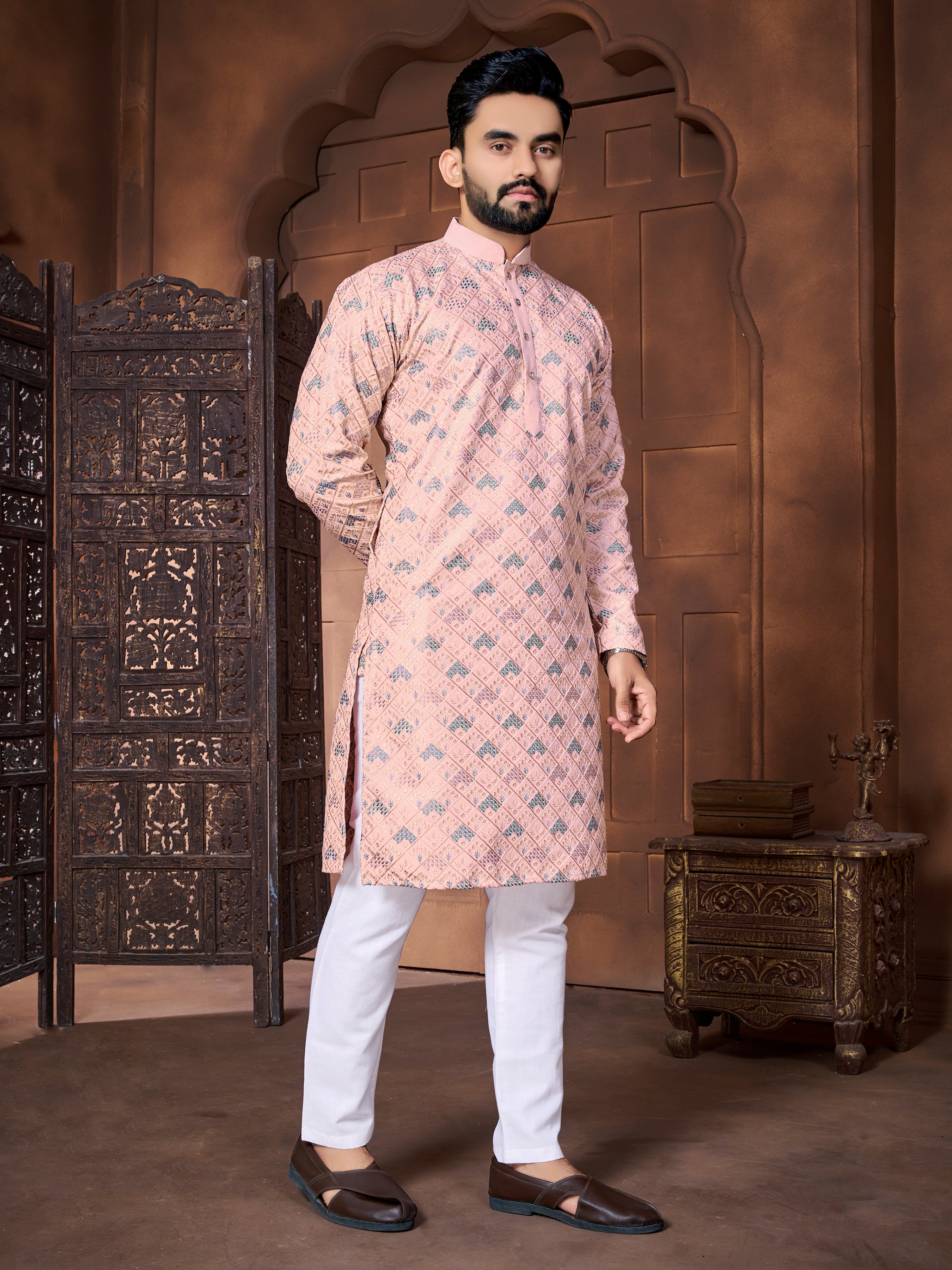 Men's Italian Silk  embroidered Kurta Peach