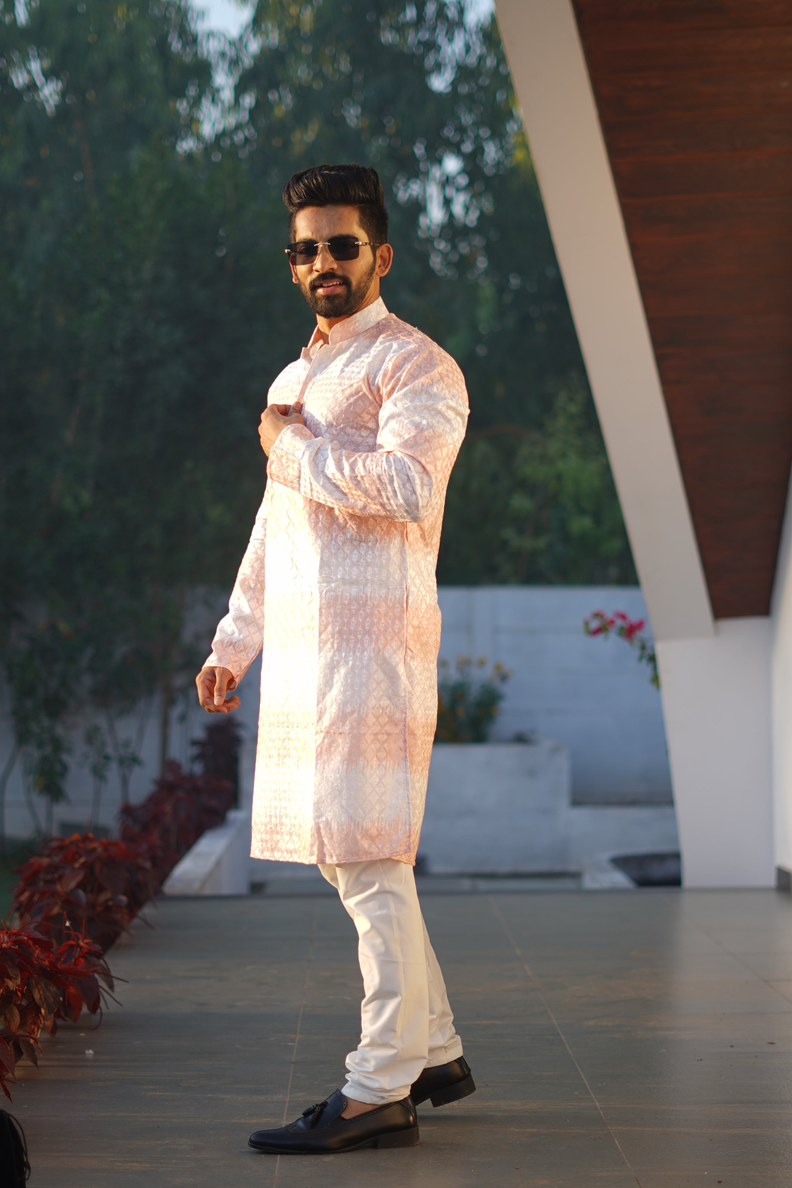 Men's Rainbow Print Cotton Kurta Orange