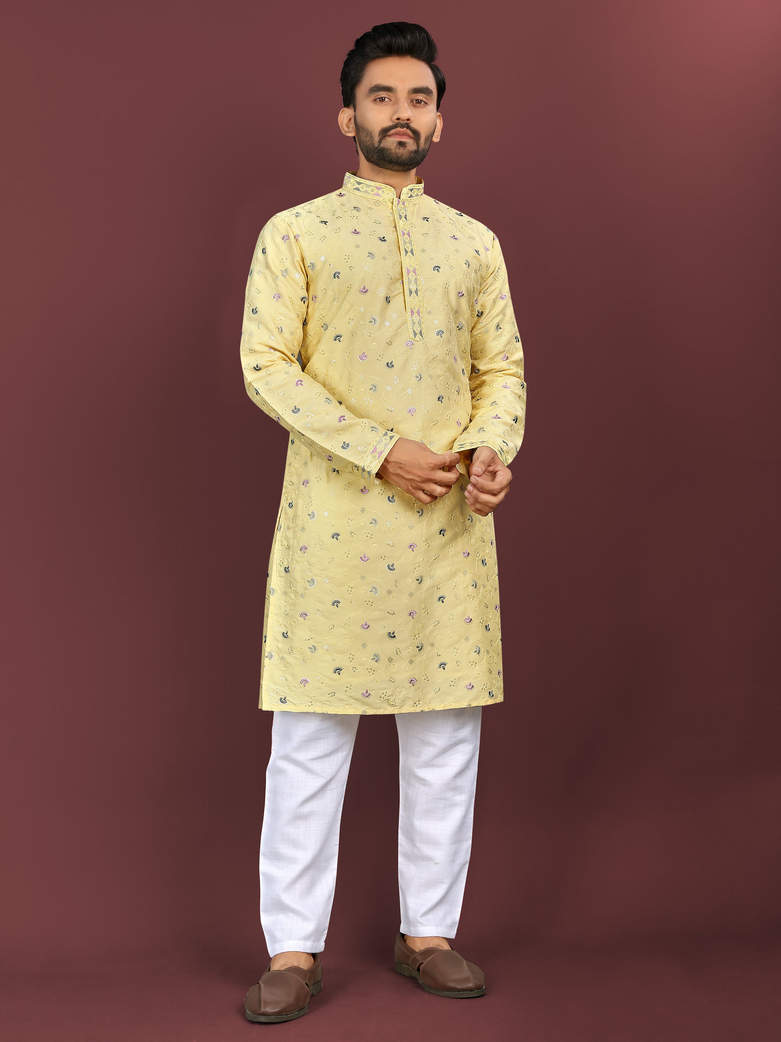 Men’s Multi-Colour Embroidery Kurta yellow