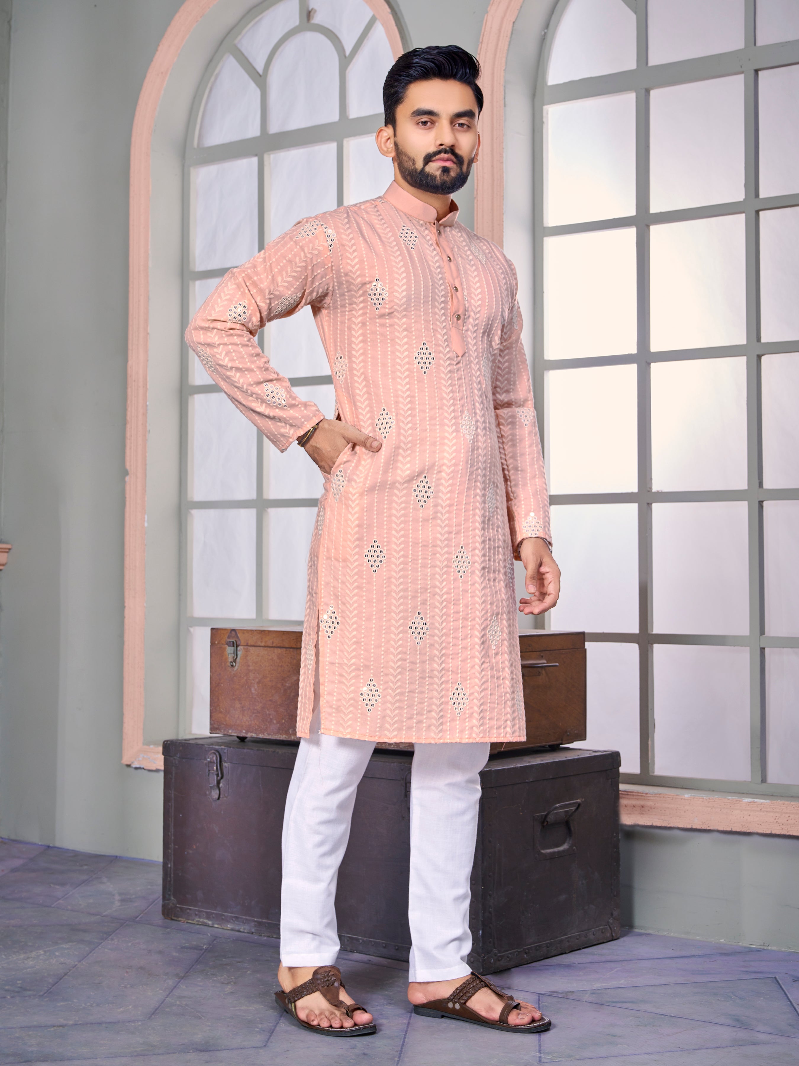 Van-Tara Luxe Linen Light Pink Kurta