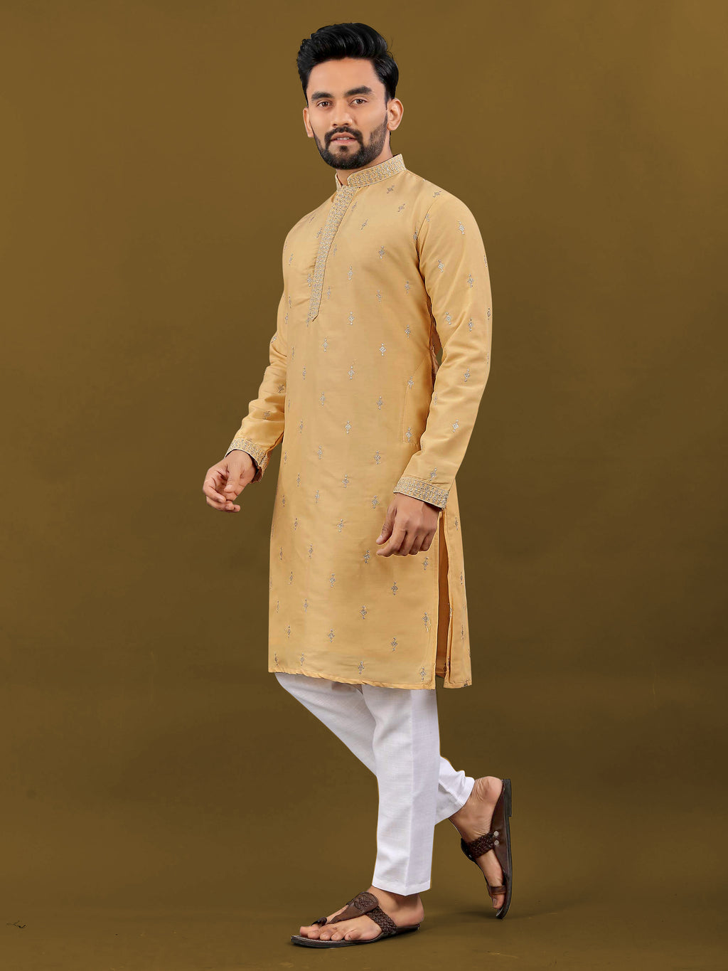 Men's Matka Silk Kurta Silver Jari Work Yellow