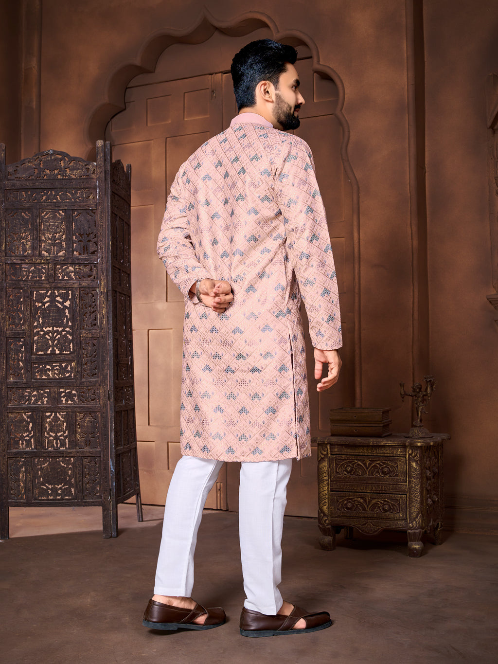 Men's Italian Silk  embroidered Kurta Peach
