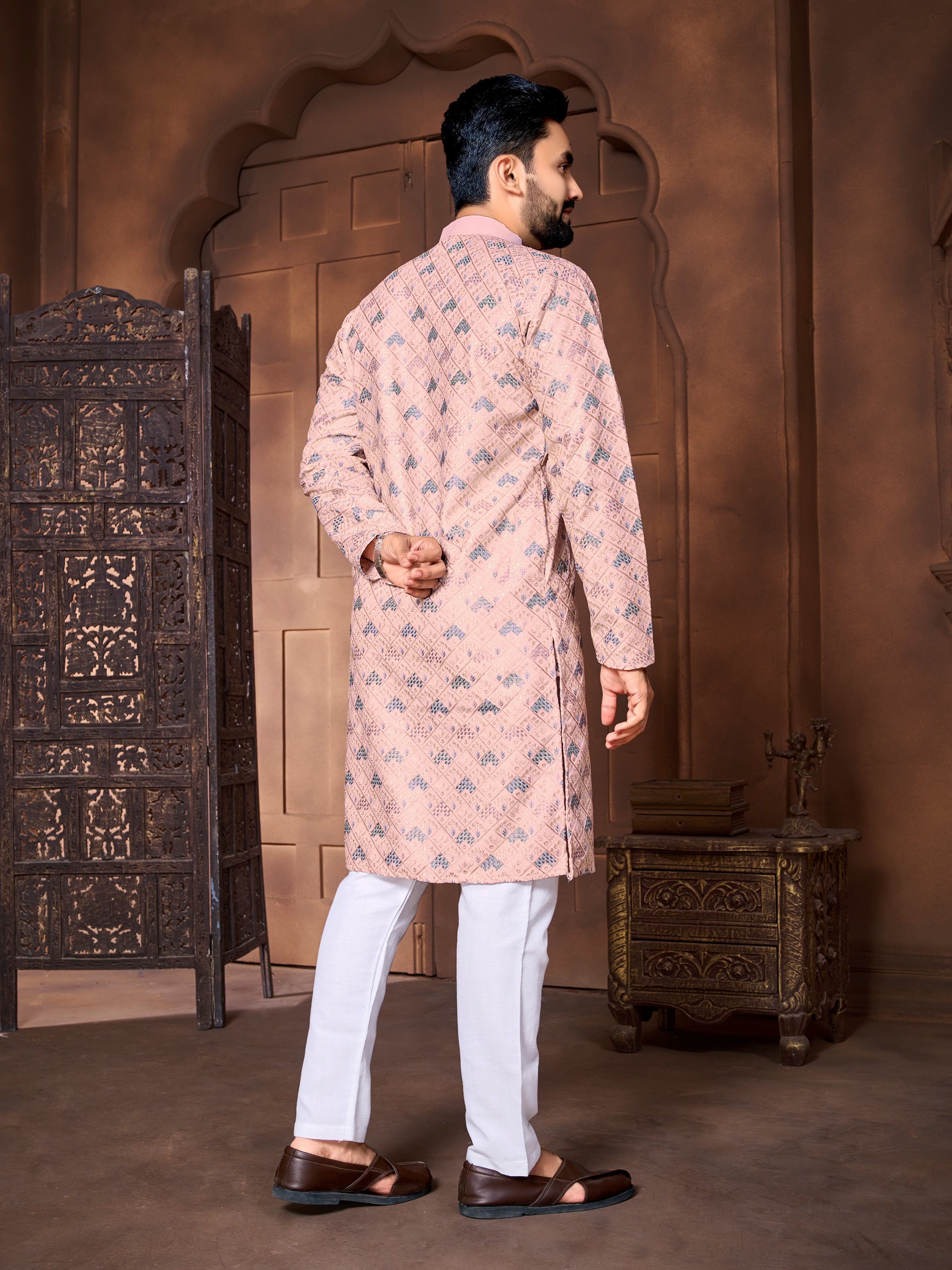 Men's Italian Silk  embroidered Kurta Peach