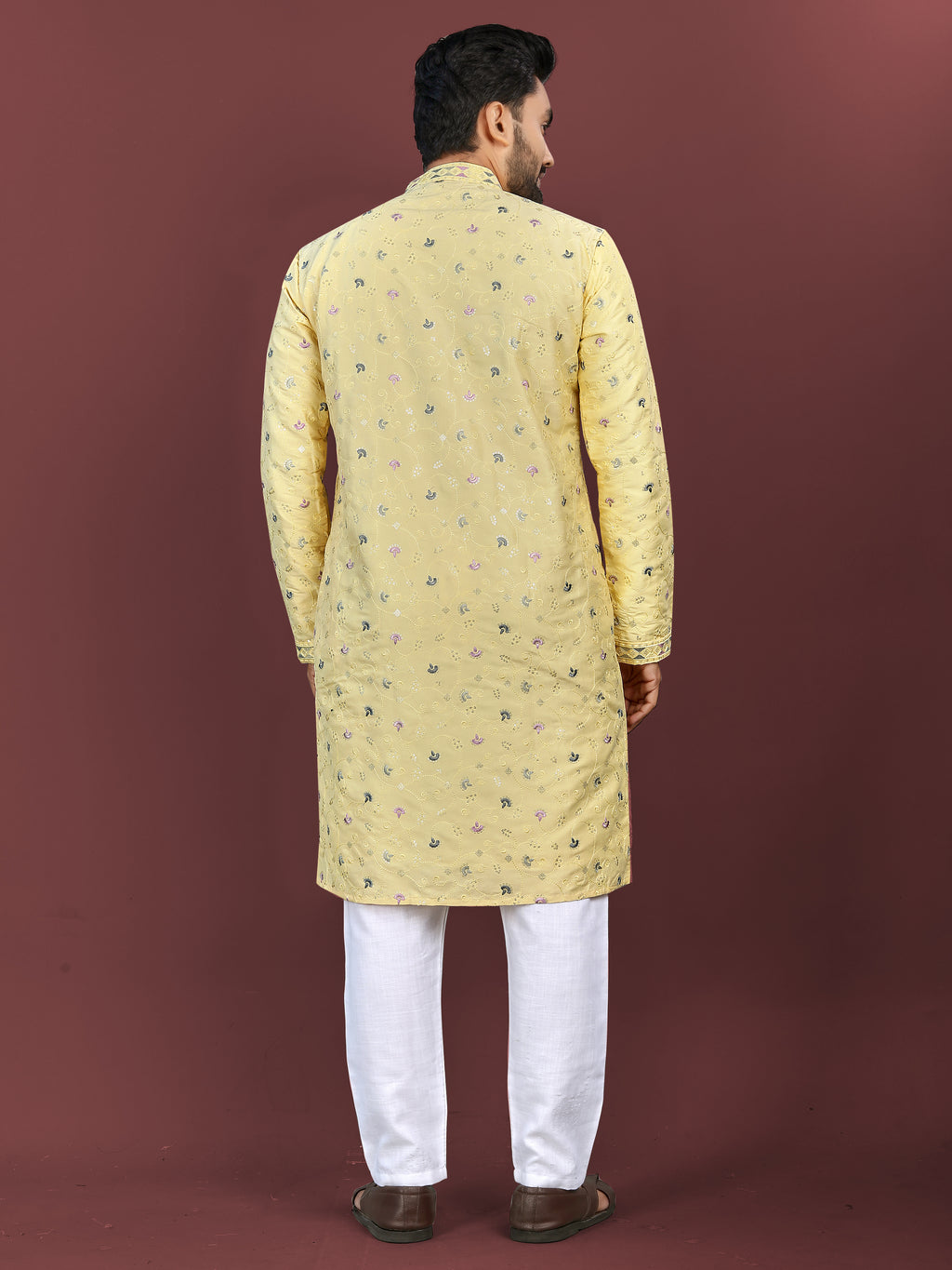Men’s Multi-Colour Embroidery Kurta yellow