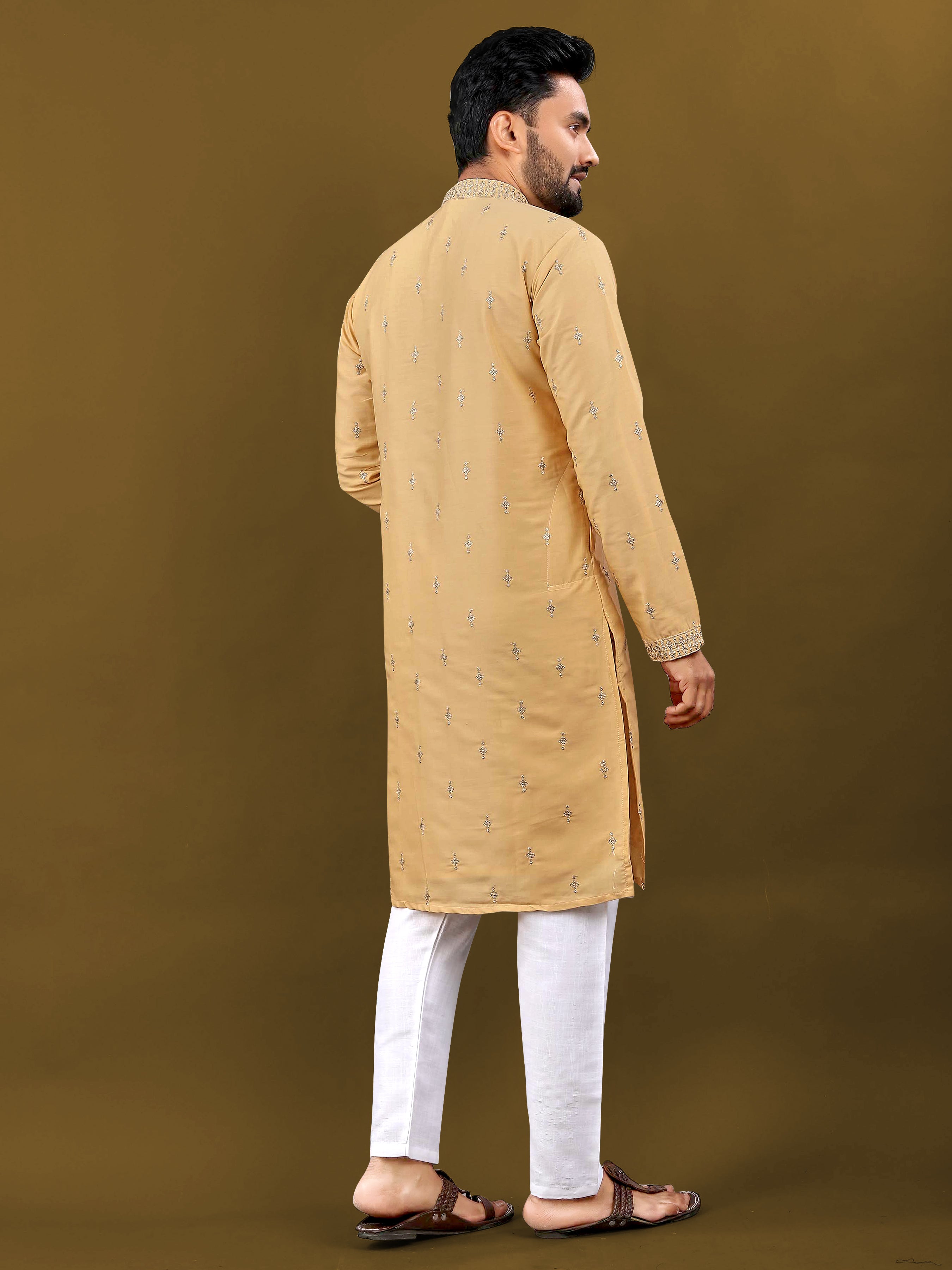 Men's Matka Silk Kurta Silver Jari Work Yellow