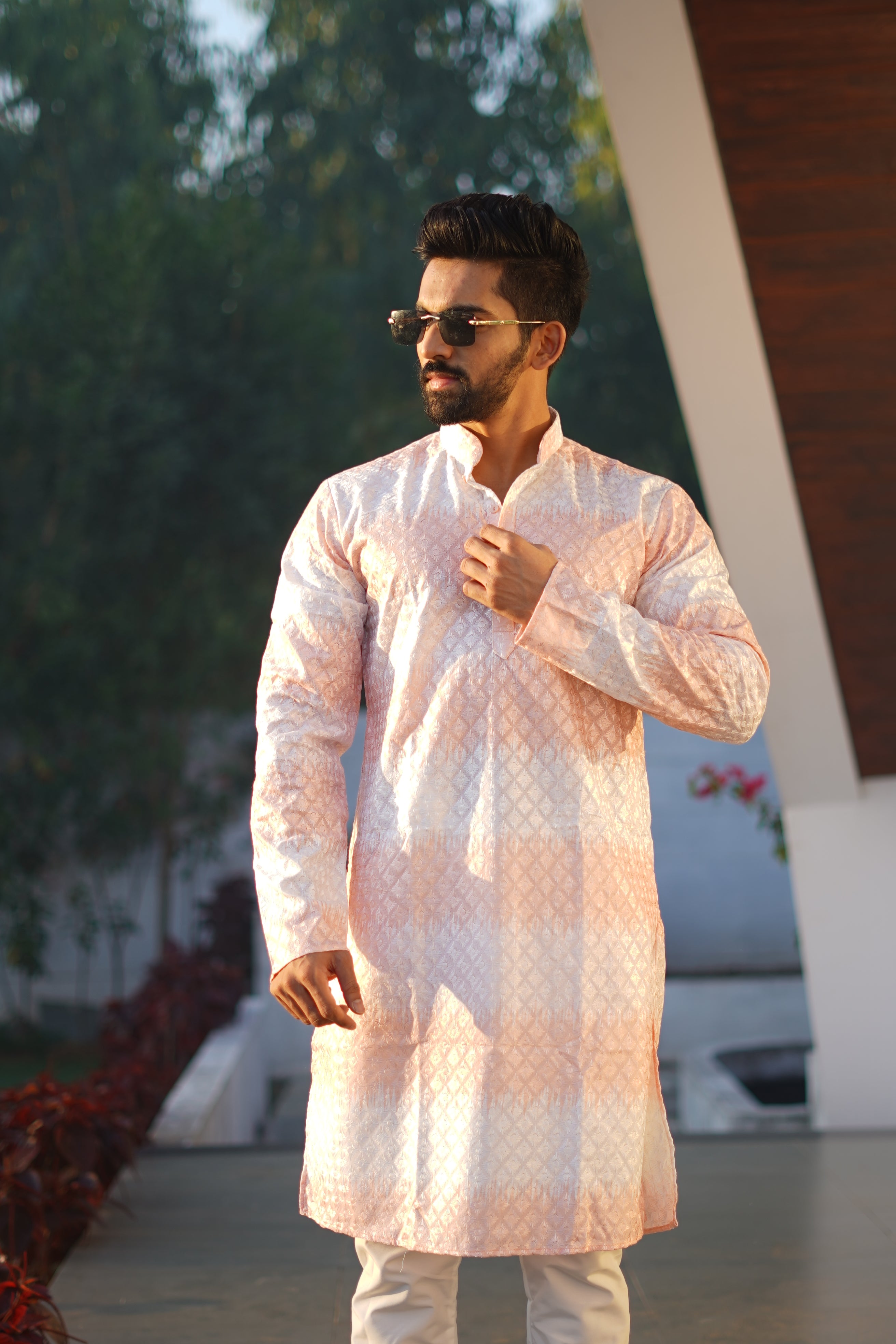 Men's Rainbow Print Cotton Kurta Orange