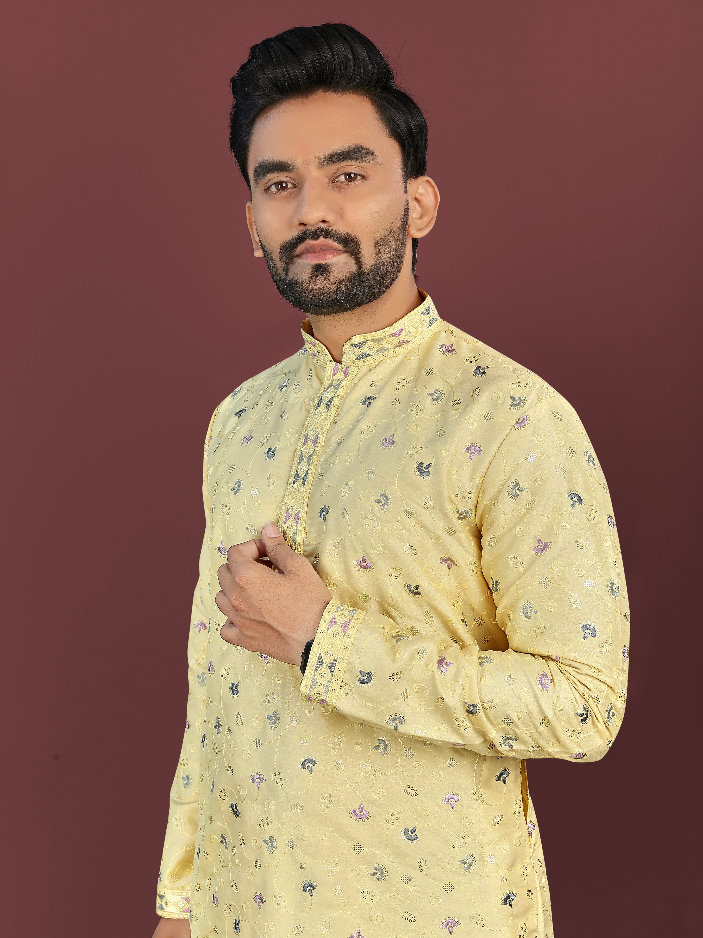 Men’s Multi-Colour Embroidery Kurta yellow