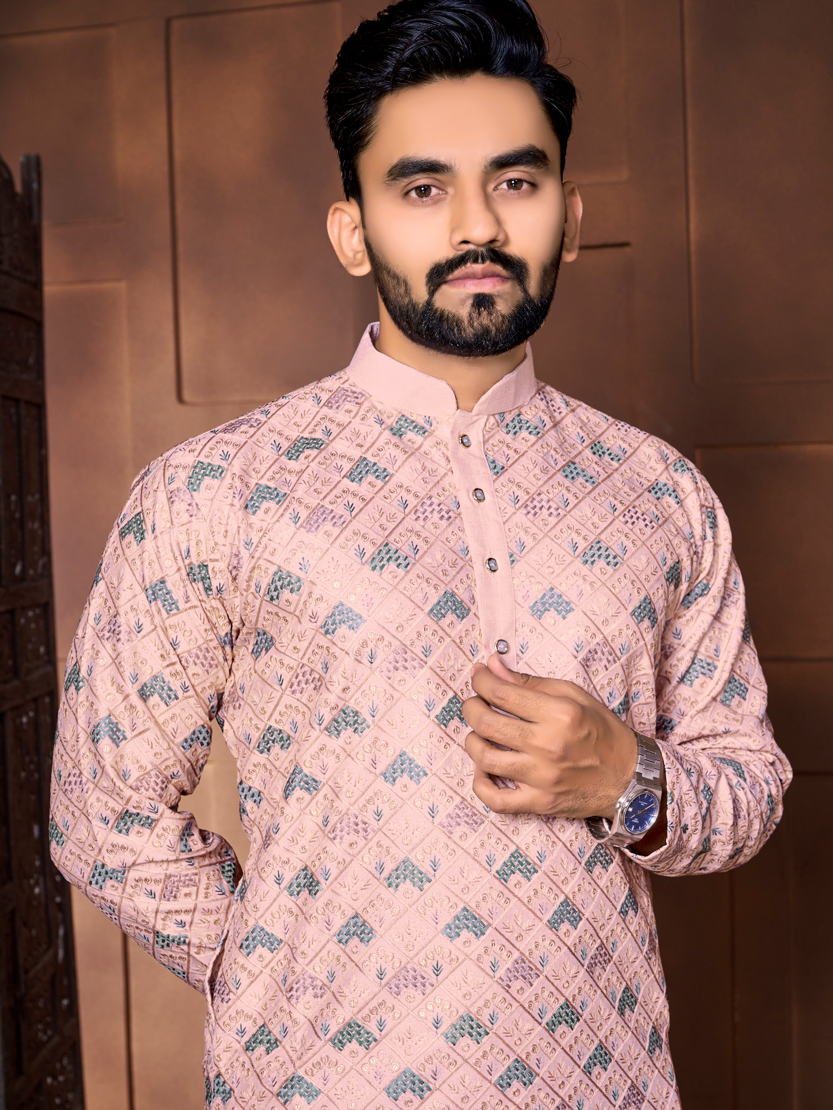 Men's Italian Silk  embroidered Kurta Peach
