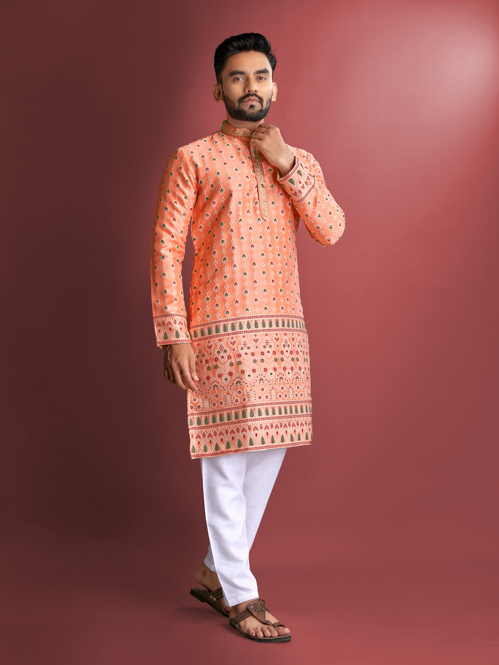 Men’s Silk Kurta with Amboj Work & Daman Border Gajri