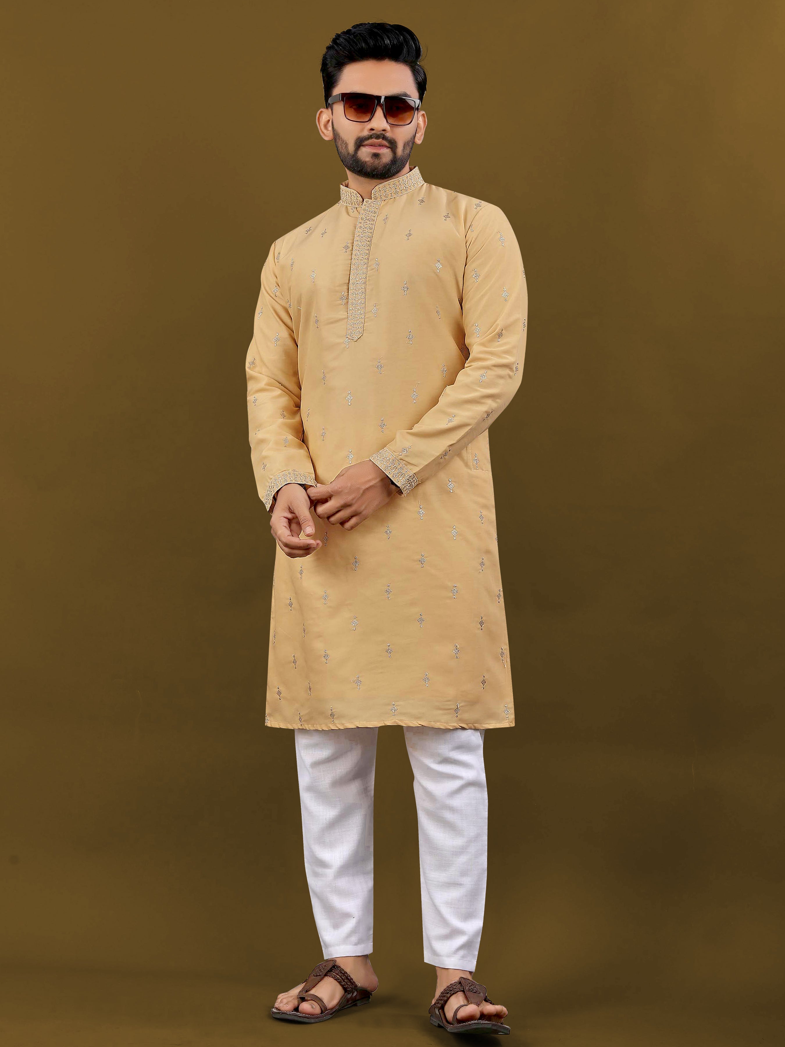 Men's Matka Silk Kurta Silver Jari Work Yellow