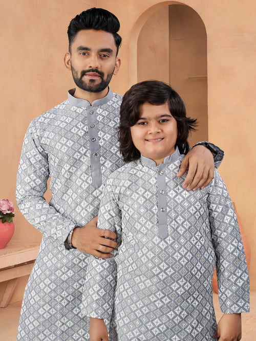Father-Son Silk Kurta Set with Embroidery Grey