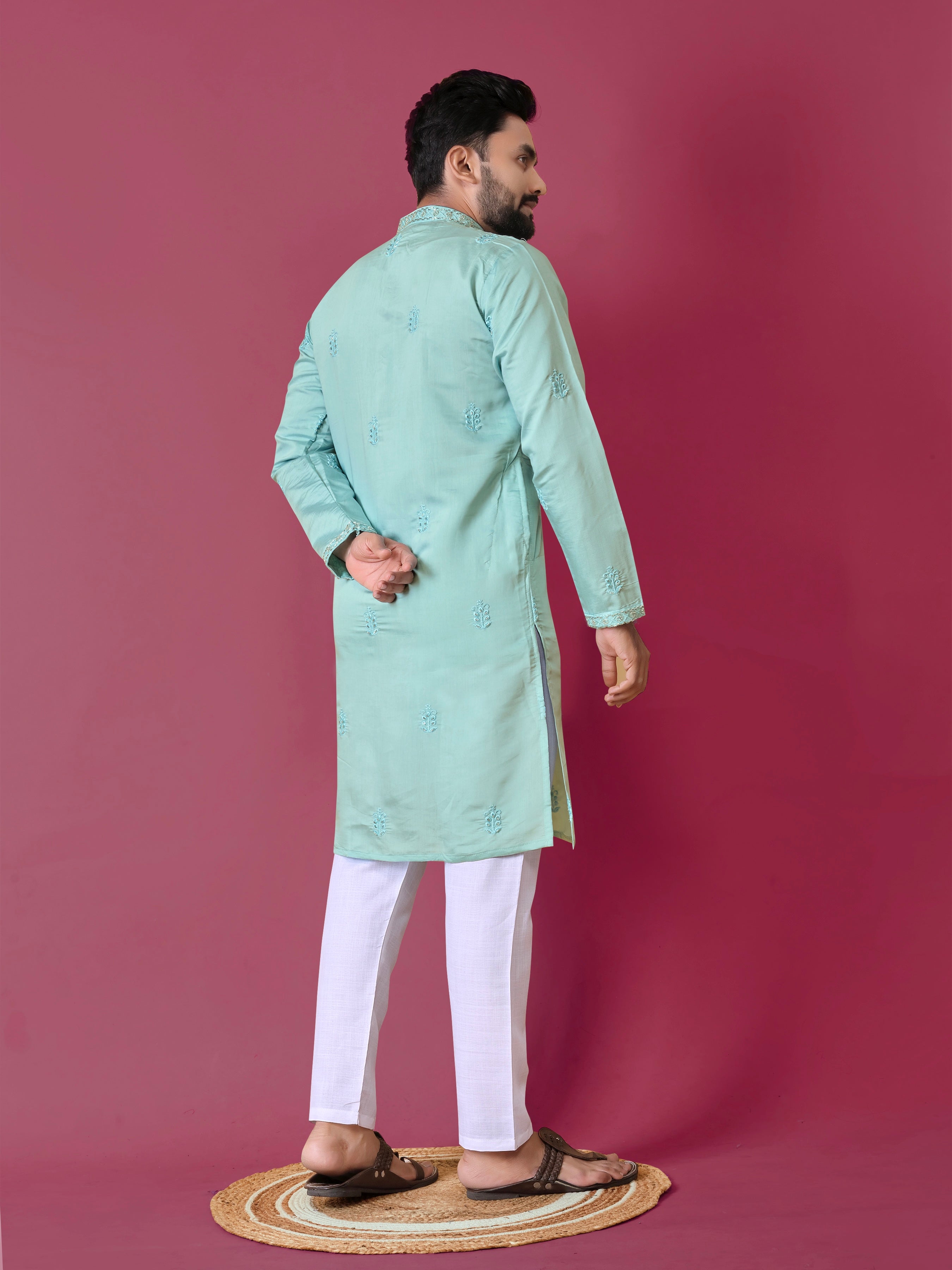Men's Roman Silk Kurta With Hand Work Sky