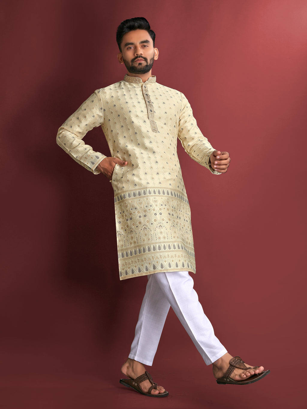Men’s Silk Kurta with Amboj Work & Daman Border Yellow