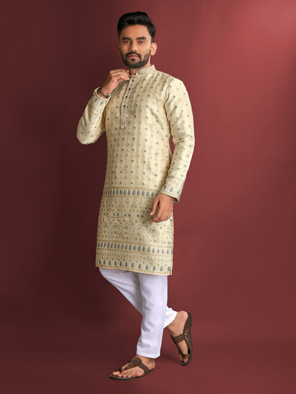 Men’s Silk Kurta with Amboj Work & Daman Border Yellow