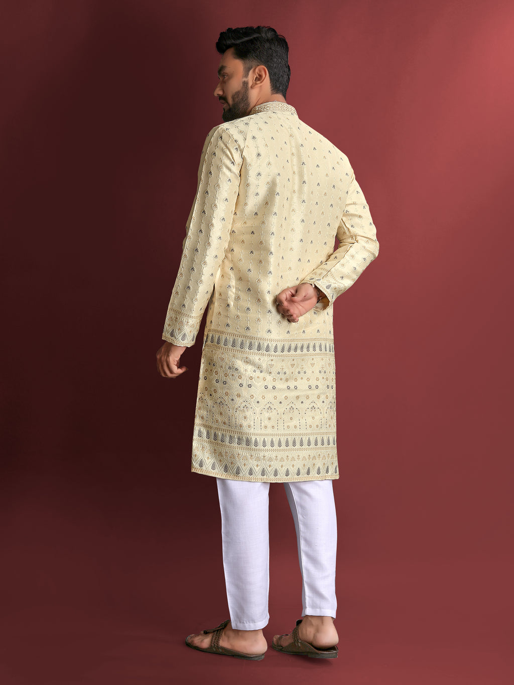 Men’s Silk Kurta with Amboj Work & Daman Border Yellow