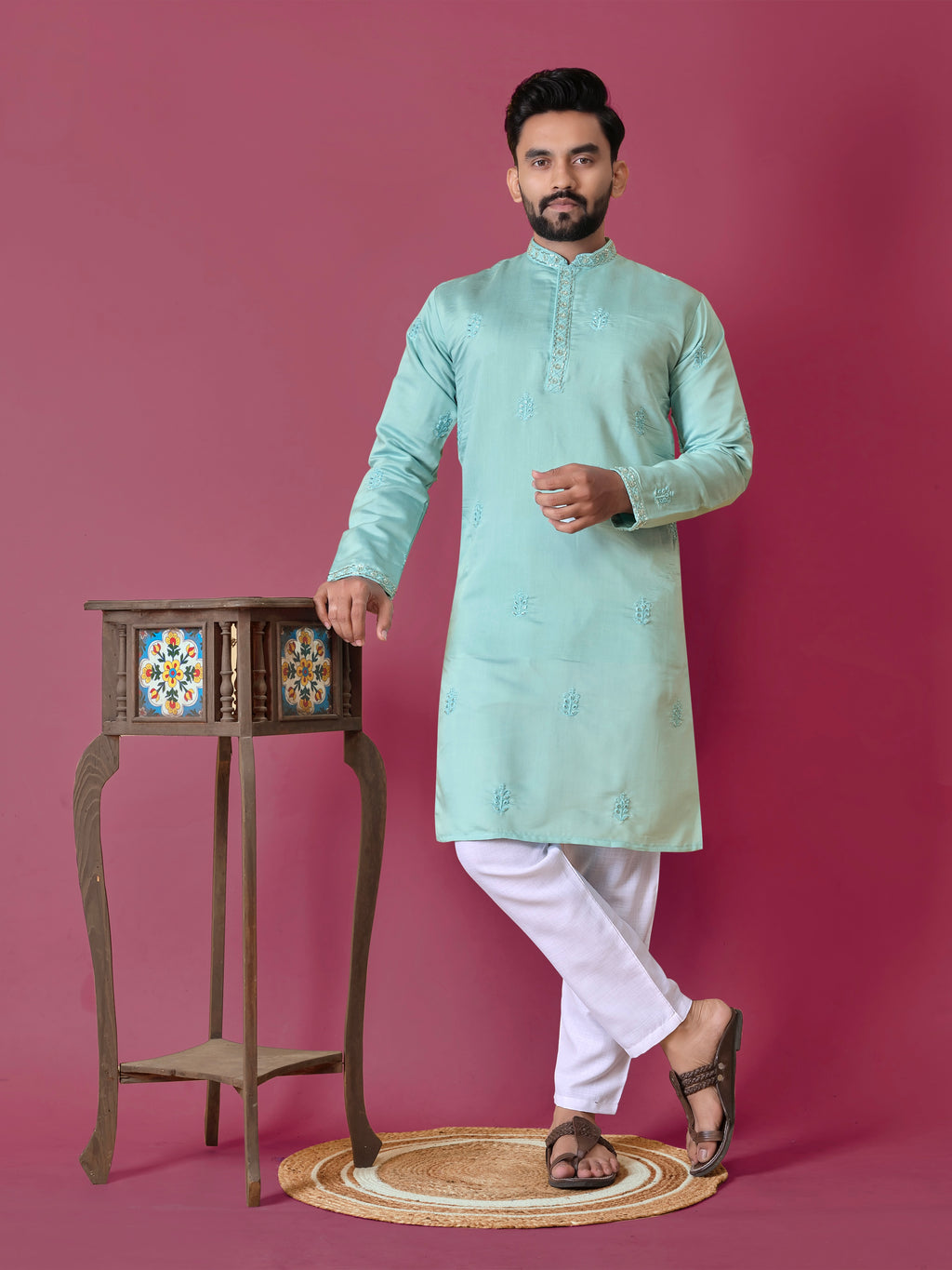 Men's Roman Silk Kurta With Hand Work Sky