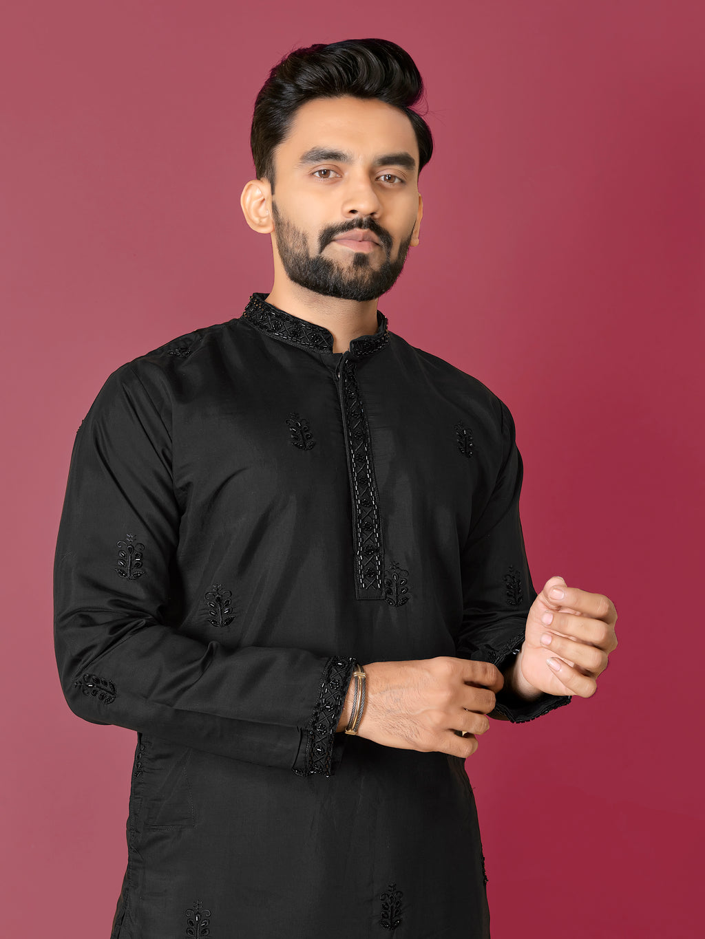 Men's Roman Silk Kurta With Hand Work Black