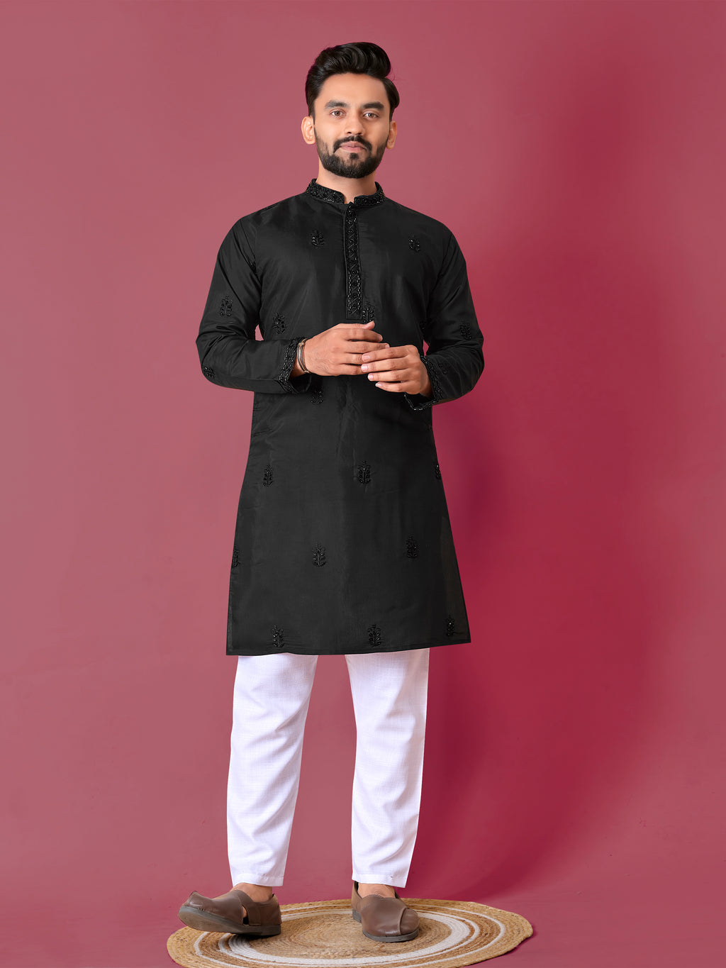 Men's Roman Silk Kurta With Hand Work Black