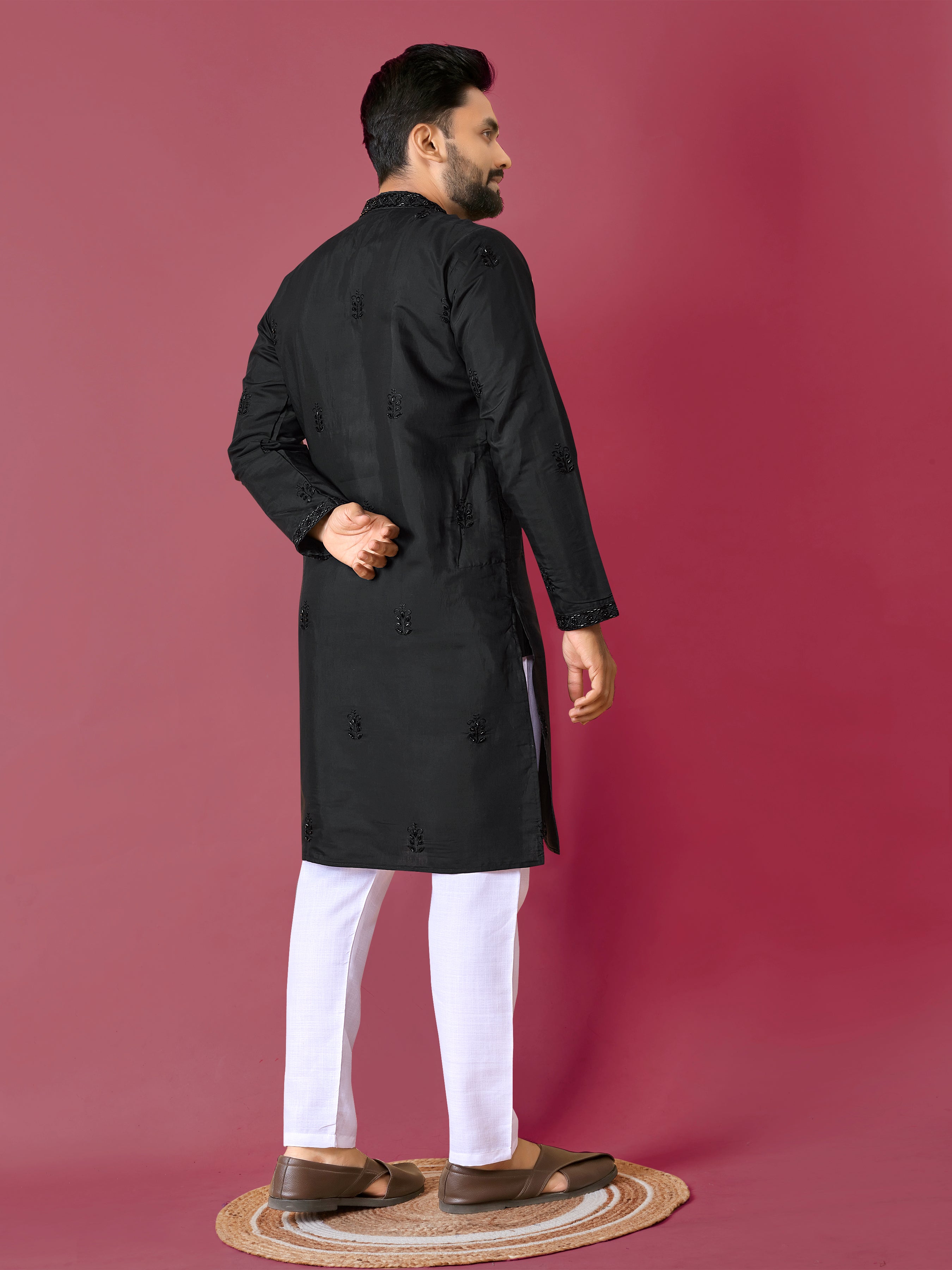 Men's Roman Silk Kurta With Hand Work Black