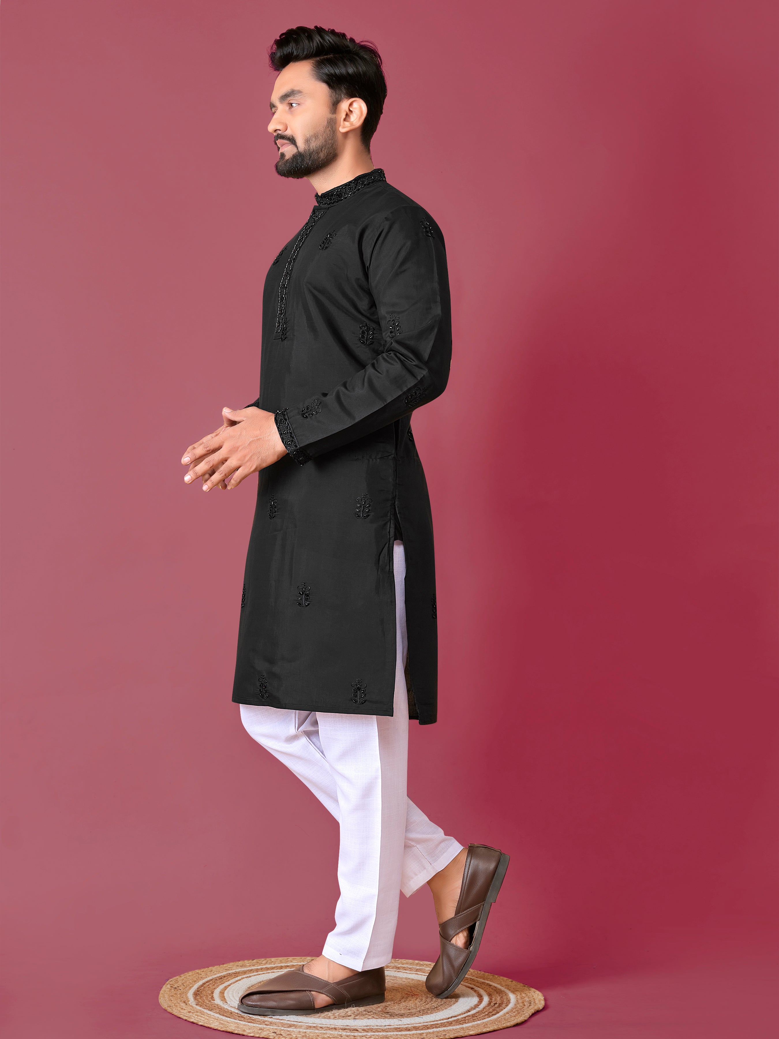 Men's Roman Silk Kurta With Hand Work Black
